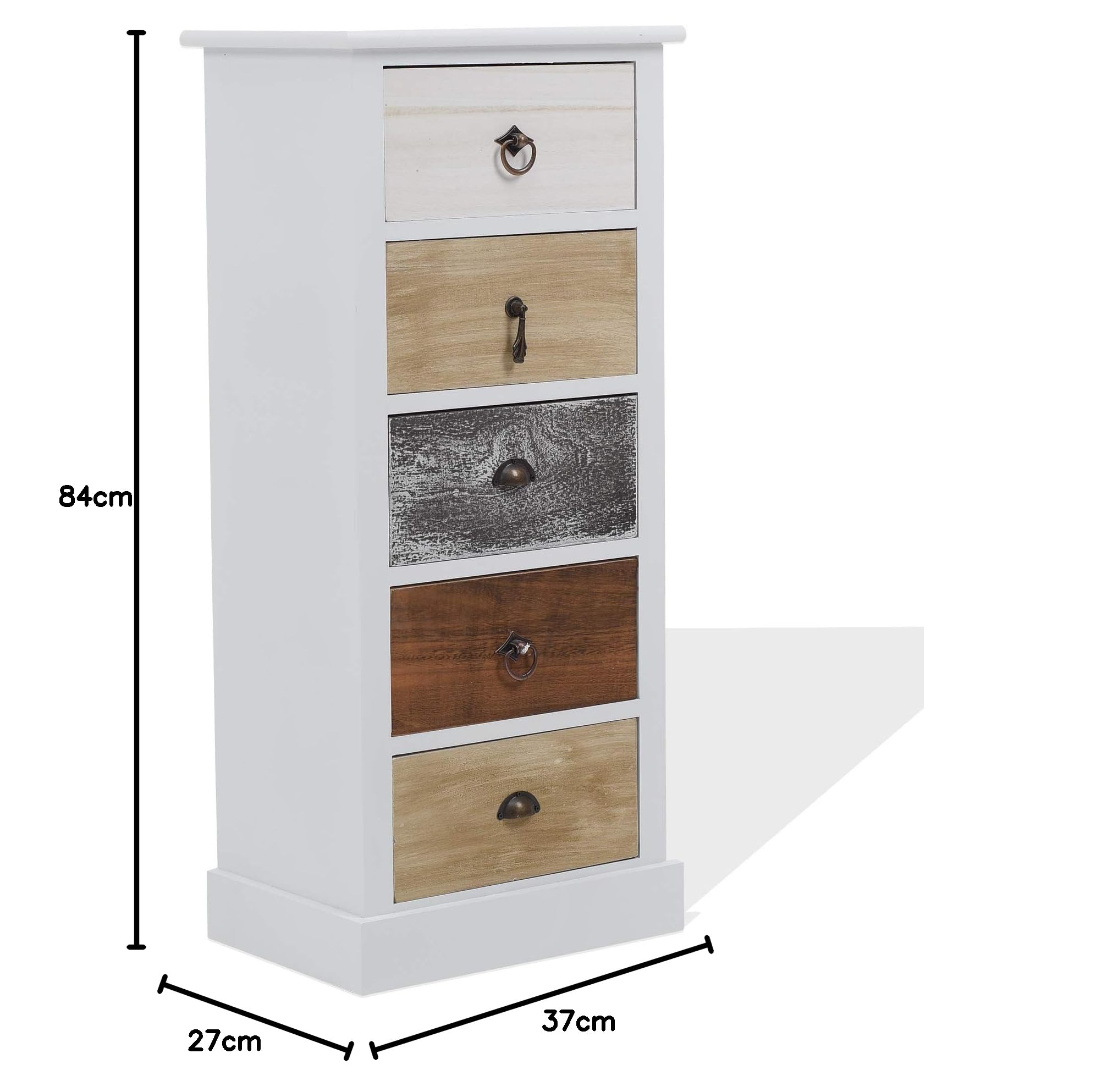 Rebecca Mobili Cassettiera bianca marrone grigia, como piccolo, con 5 cassetti, legno paulownia, stile retro, per arredamento camera ingresso - Misure: 84 x 37 x 27 cm (HxLxP) - Art. RE4157