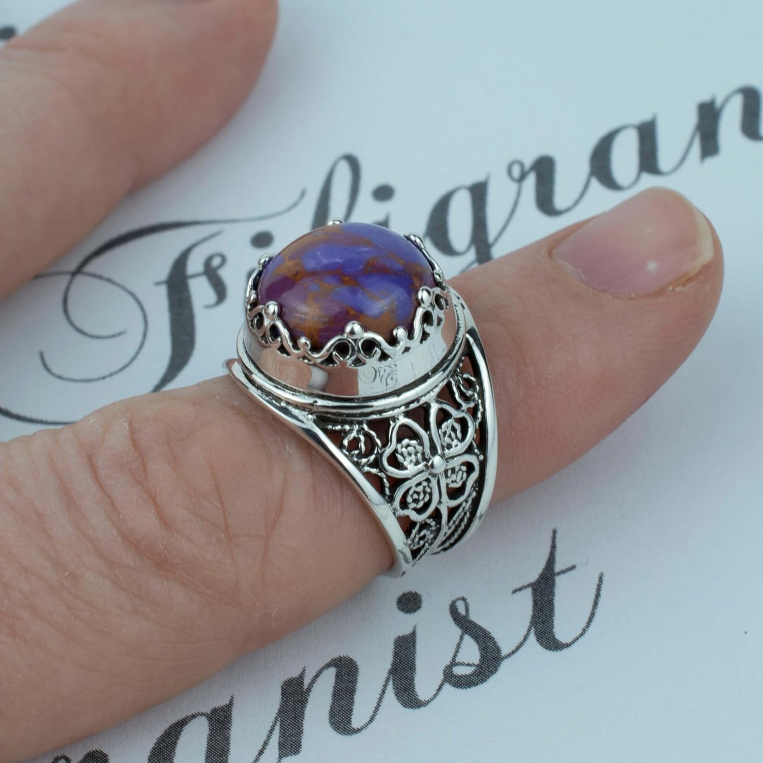 Filigranist 925 Sterling Silver Filigree Art Women Cocktail Ring with Gemstones, Gift Boxed