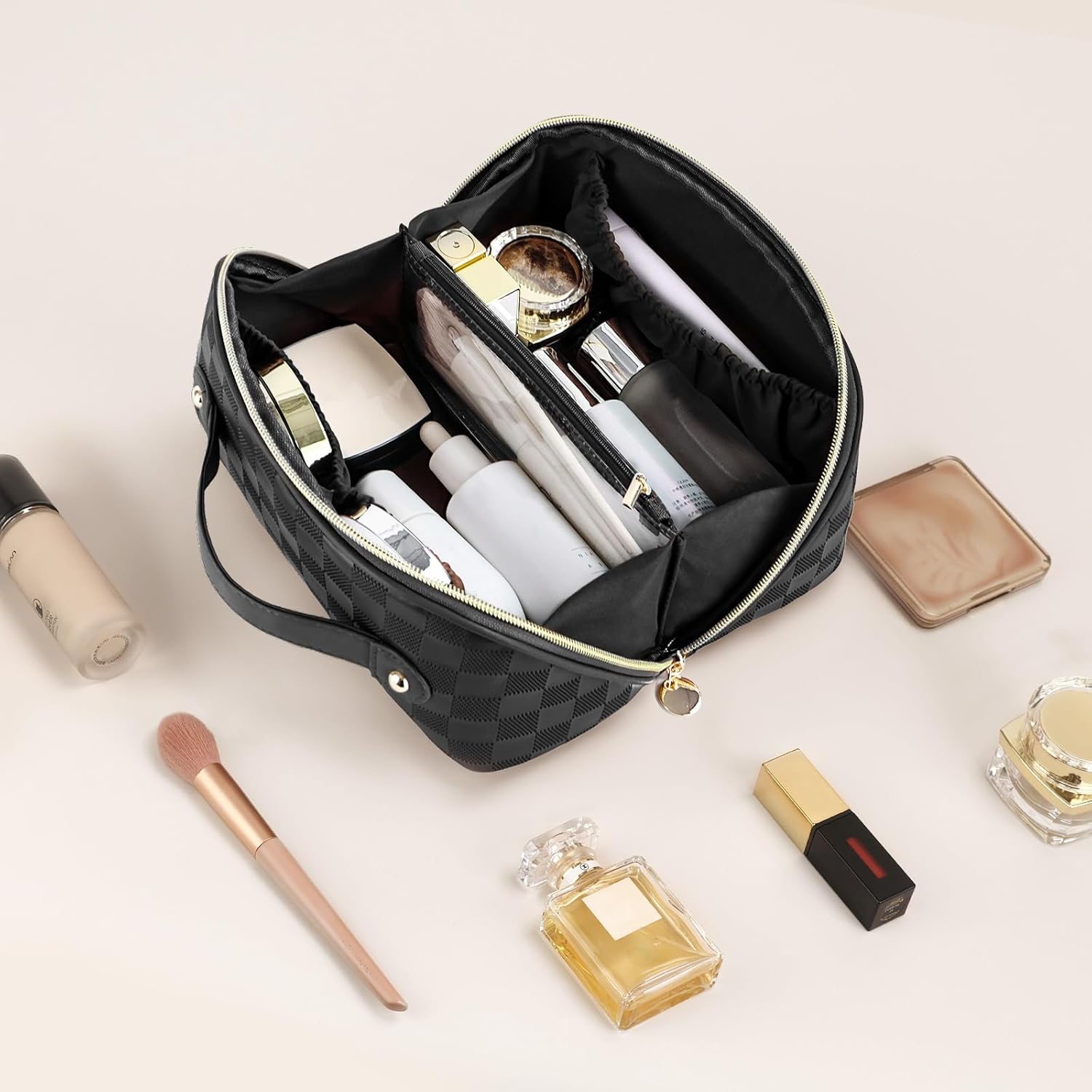 Prite Makeup Bag for Women Travel Waterproof Vegan Leather Cosmetic Bag Open Flat Toiletry Bag With Clear Divider and Handle (Plaid Black) - Image 8