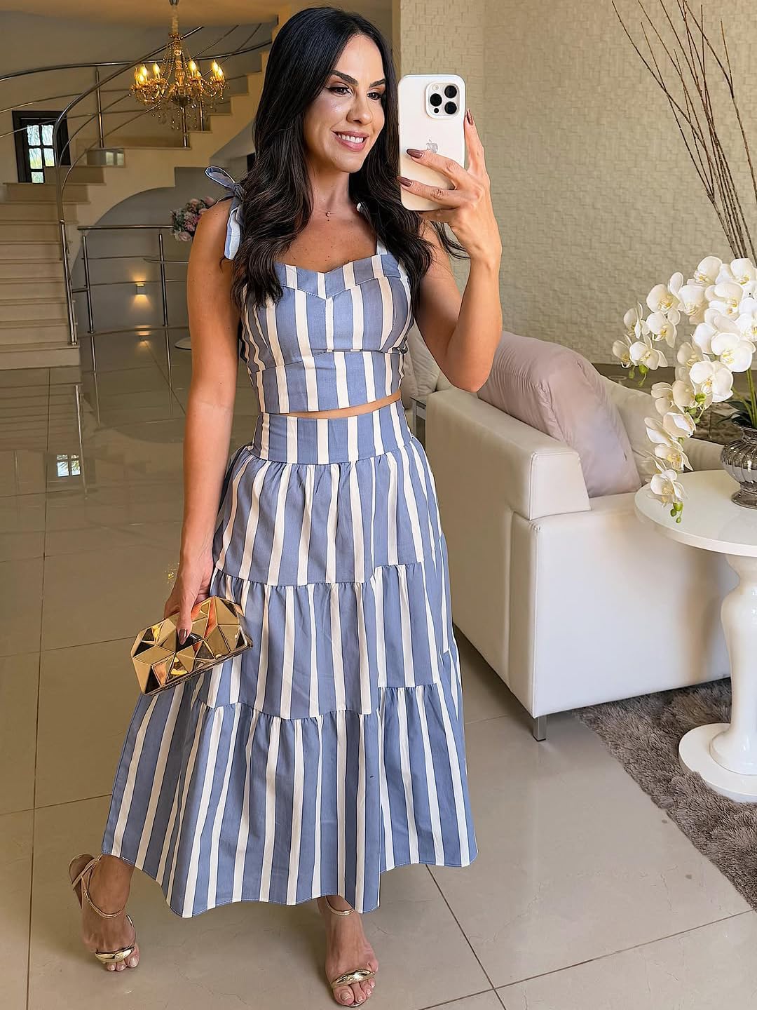 ksotutm Summer Outfits for Women Halter Tops High Waist A Line Maxi Skirt Striped Two Piece Sets for Vacation - Image 3