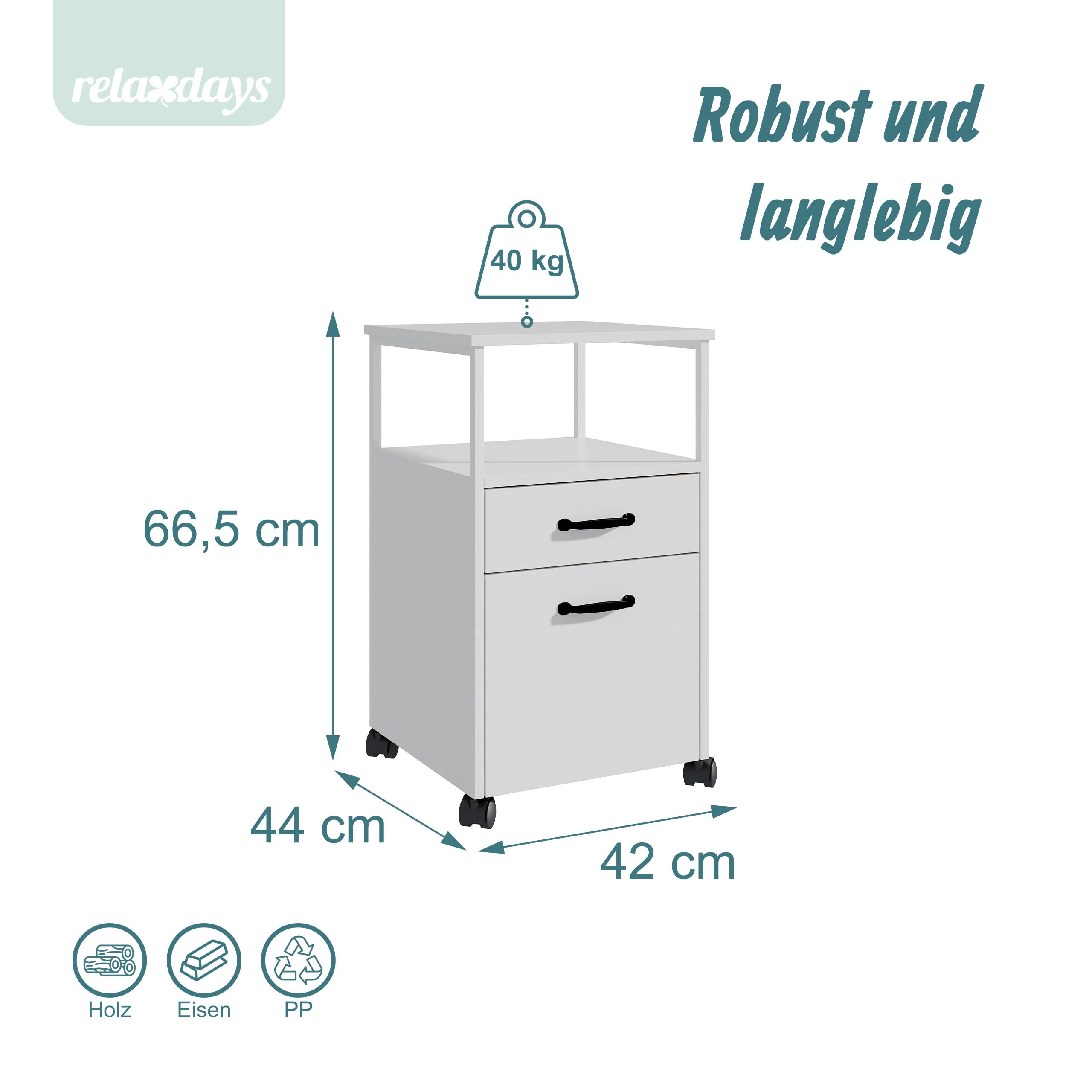 Relaxdays Rollcontainer, 2 Schubladen, Hängeregister, modernes Design, HBT: 66,5 x 42 x 44 cm, Aktenschrank schmal, weiß