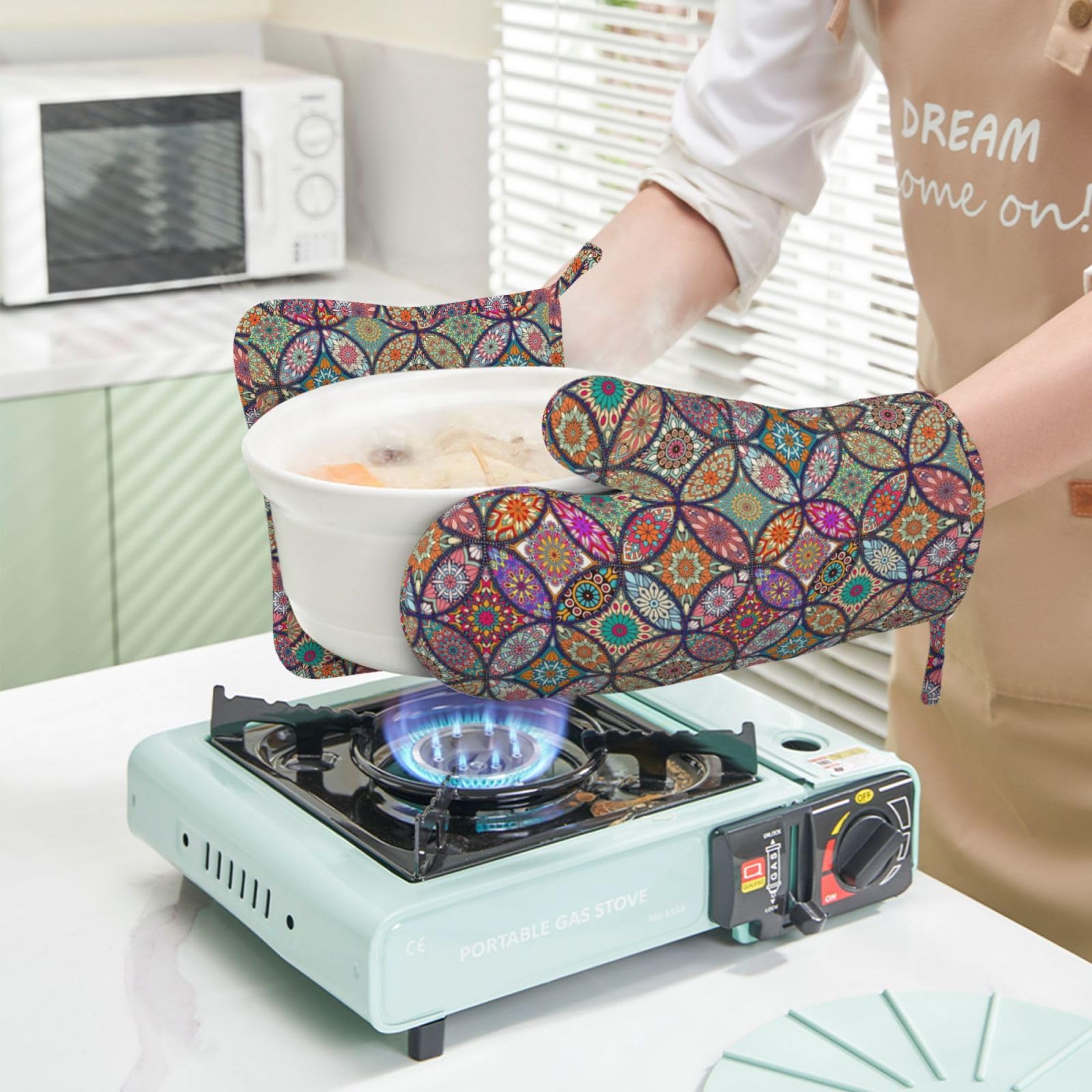 Mandala - Juego de 4 manoplas y agarraderas bohemias para horno y agarraderas, resistentes al calor, guantes de cocina étnicos, almohadillas calientes para cocinar, hornear, asar a la parrilla