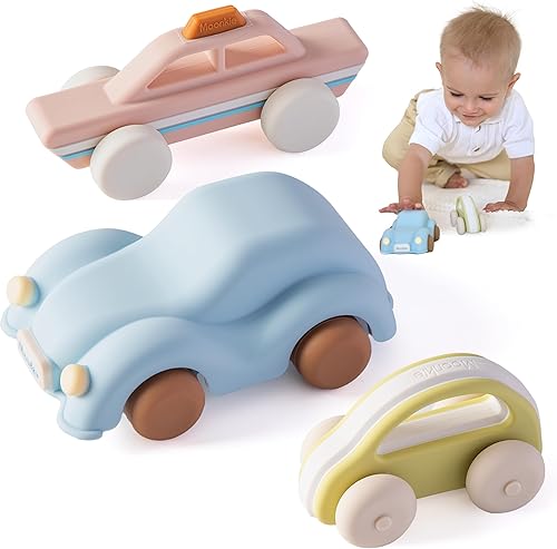 Moonkie Coches de Juguete de Silicona de Grado Alimentario para Niños Pequeños de 1 a 3, Coches de Bebé de Empuje y Marcha de 6 a 12 Meses+, Diseño