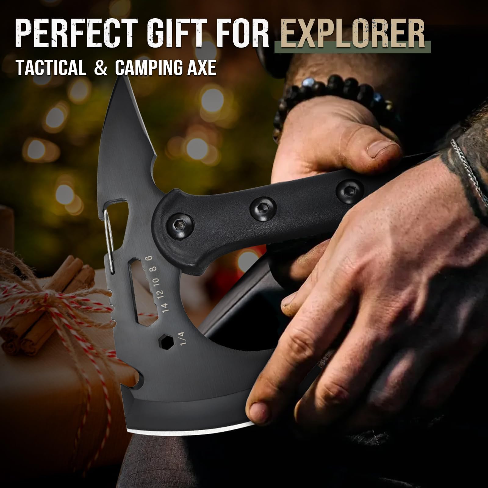Freelander Ascia da Sopravvivenza con Punta, Accetta da Campeggio Affilata con Fodero in Nylon, Multitool Outdoor per Spaccare Legna, Manico in ABS, Bushcraft Avventura, Regalo per Uomo