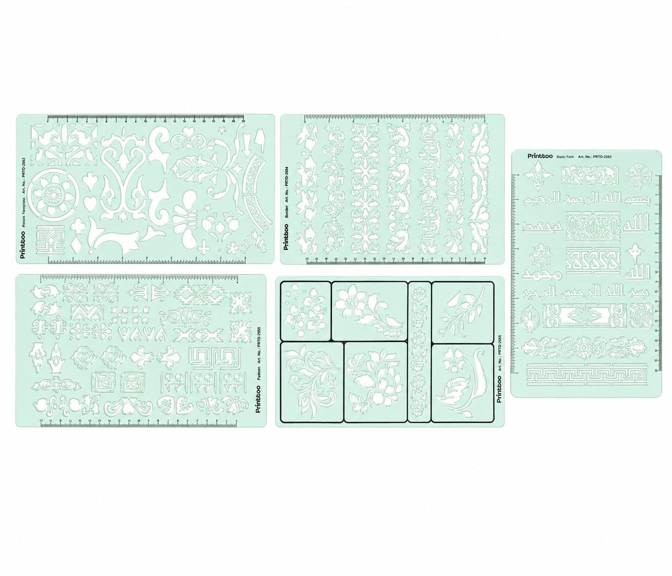 Printtoo Stencil decorativi per scrapbooking, pittura, diari, biglietti, arte fai da te, bordi floreali, angoli in stile arabo, 5 fogli da disegno in acrilico riutilizzabili da 2 mm