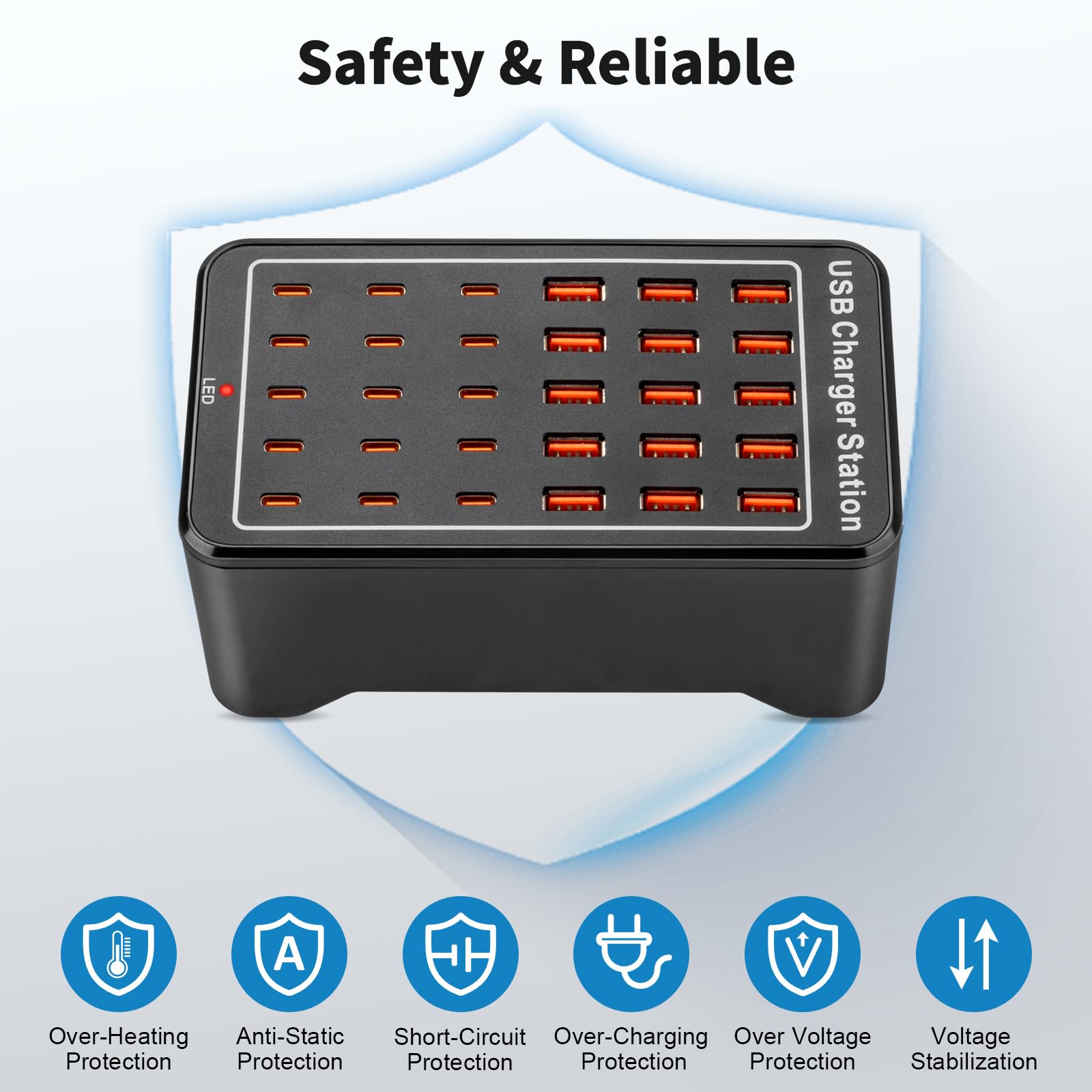 Bloque de carga USB ~ C, 150 W (30 A) 30 puertos (15 puertos USB A y 15 puertos USB~C) estación de carga USB, cargador de pared USB de escritorio compatible con iPhone, iPad, tabletas, teléfonos