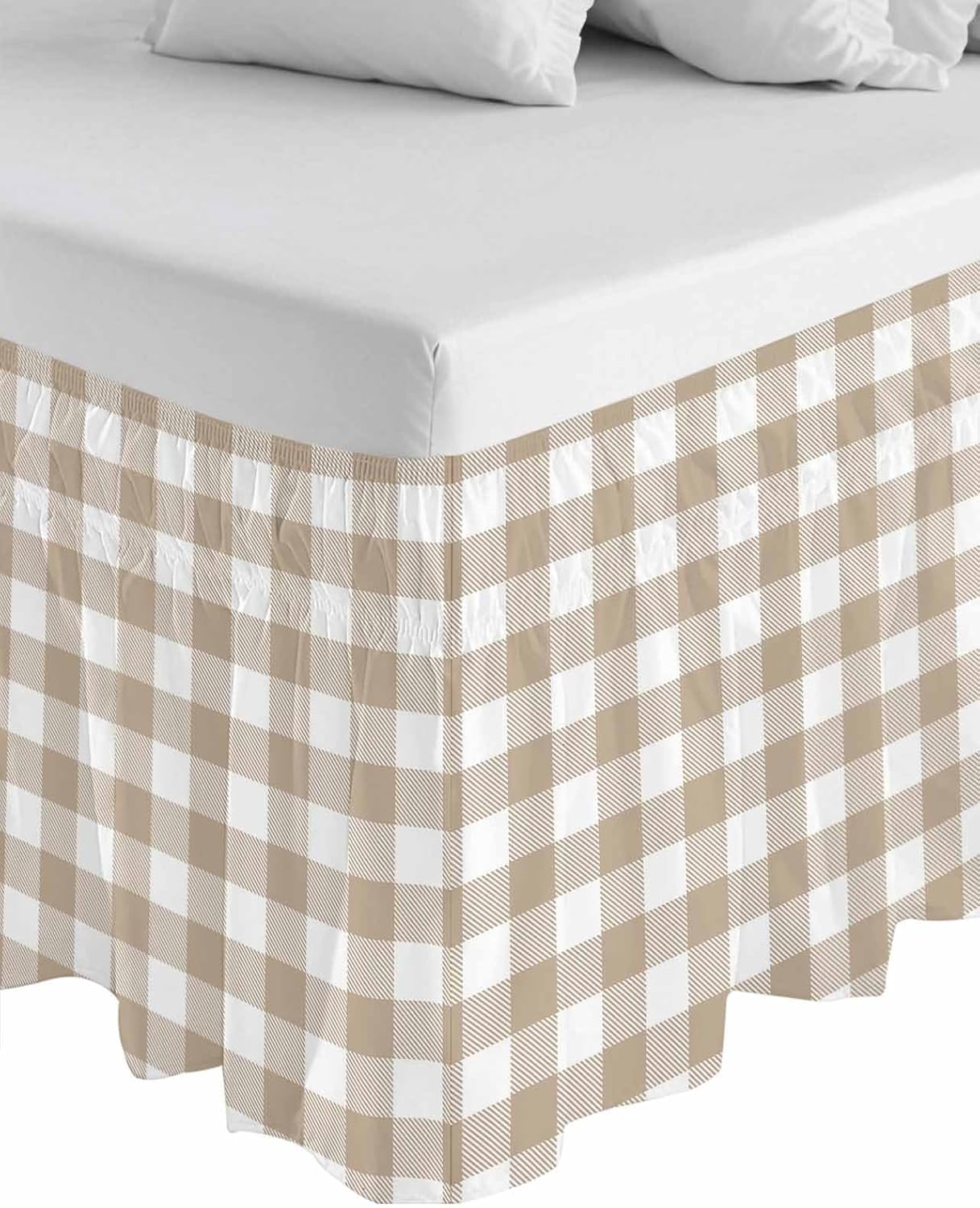 Wrap Around Bed Skirts for King Beds, Country Rural Style Khaki and White Gingham Buffalo Check Ruffle Bed Skirt with Adjustable Elastic Belts Easy Fit 16 Inch Drop