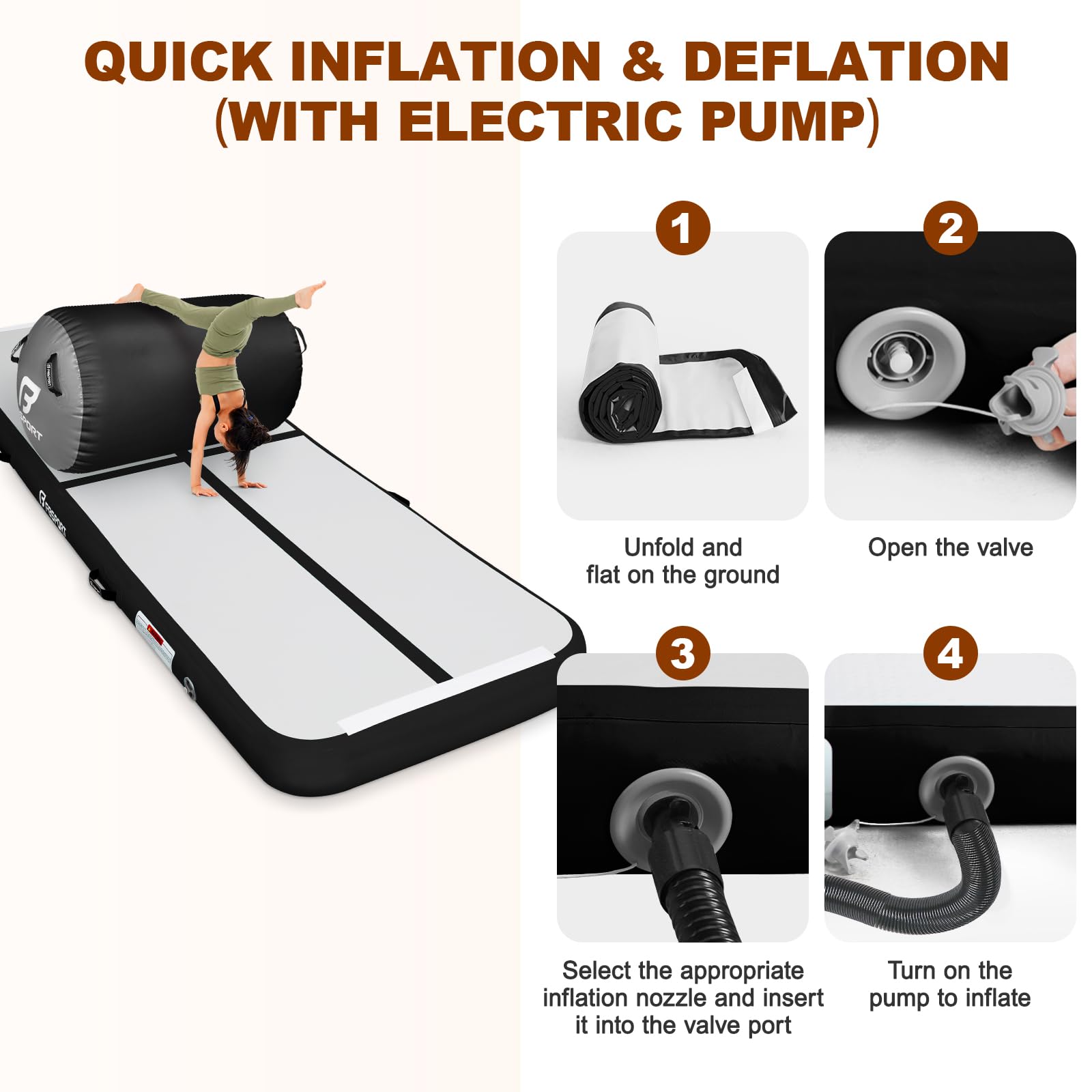 FBSPORT Airtrack Matte mit 100x60cm Air Roll, 10cm Hoch Verdicken 3/4M Tumbling Matte,Gymnastikmatte mit Luftpumpe,Trainingsmatte mit Tragetasche,Turnmatte für Zuhause, Outdoor,Yoga