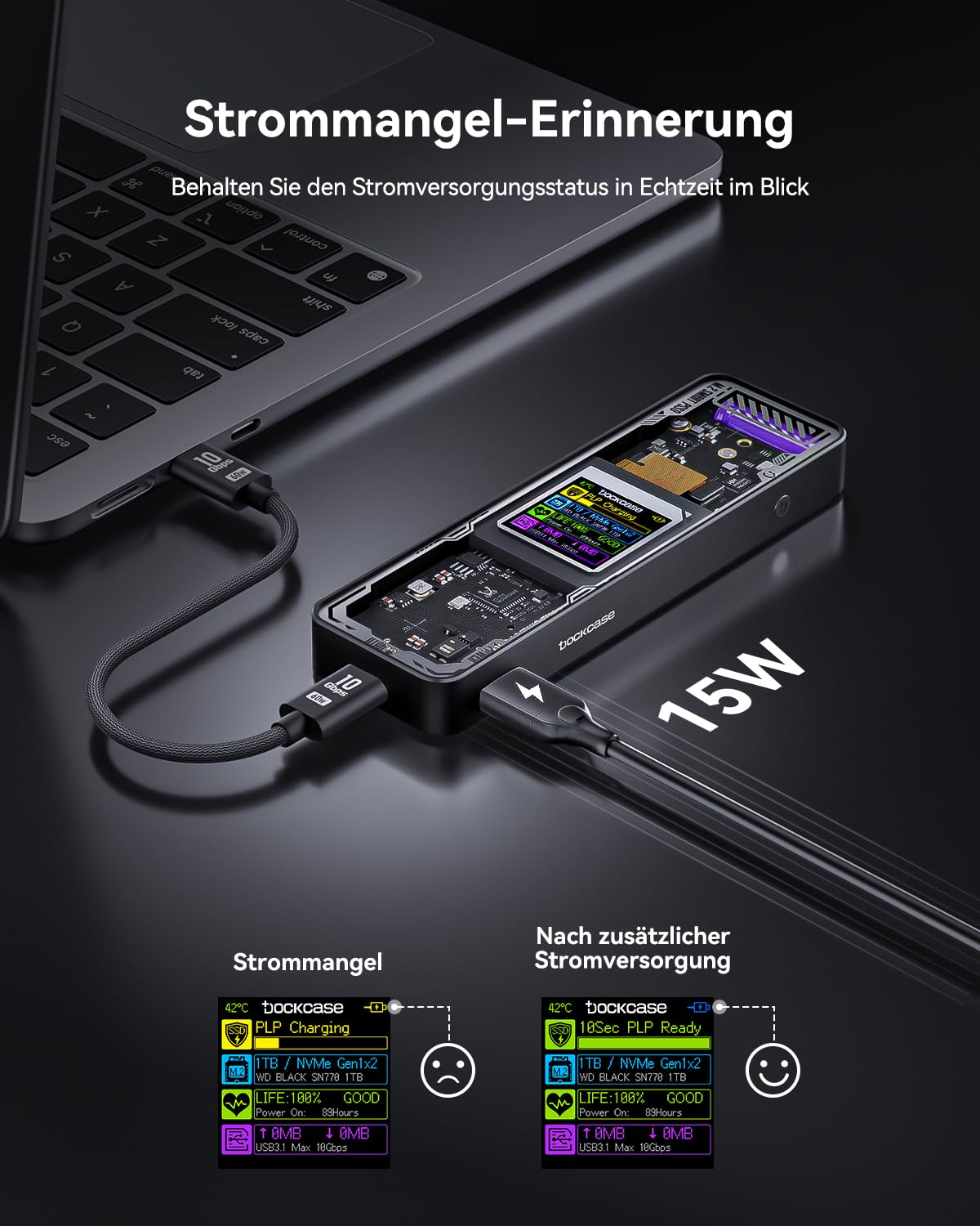 DOCKCASE Explorer Edition Smart M2 SSD Gehäuse - 10s Stromausfallschutz, NVMe Gehäuse, SSD-Gesundheitserkennung, Zwei Type-C-Anschlüsse USB-C 3.2 Gen 2 (10Gbps) für NVMe SSDs bis zu 4TB Schwarz