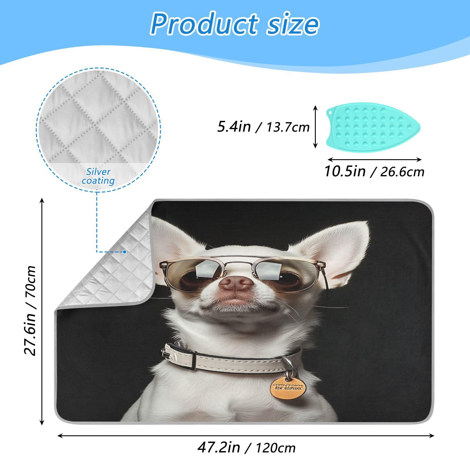pnyoin Portable Ironing Mat Dog Wearing Glasses Travel Ironing Pad with Silicone Iron Rest for Steam Pressing on Tabletop or Bed Heat Resistant Portable Quilting & Travel Blanket
