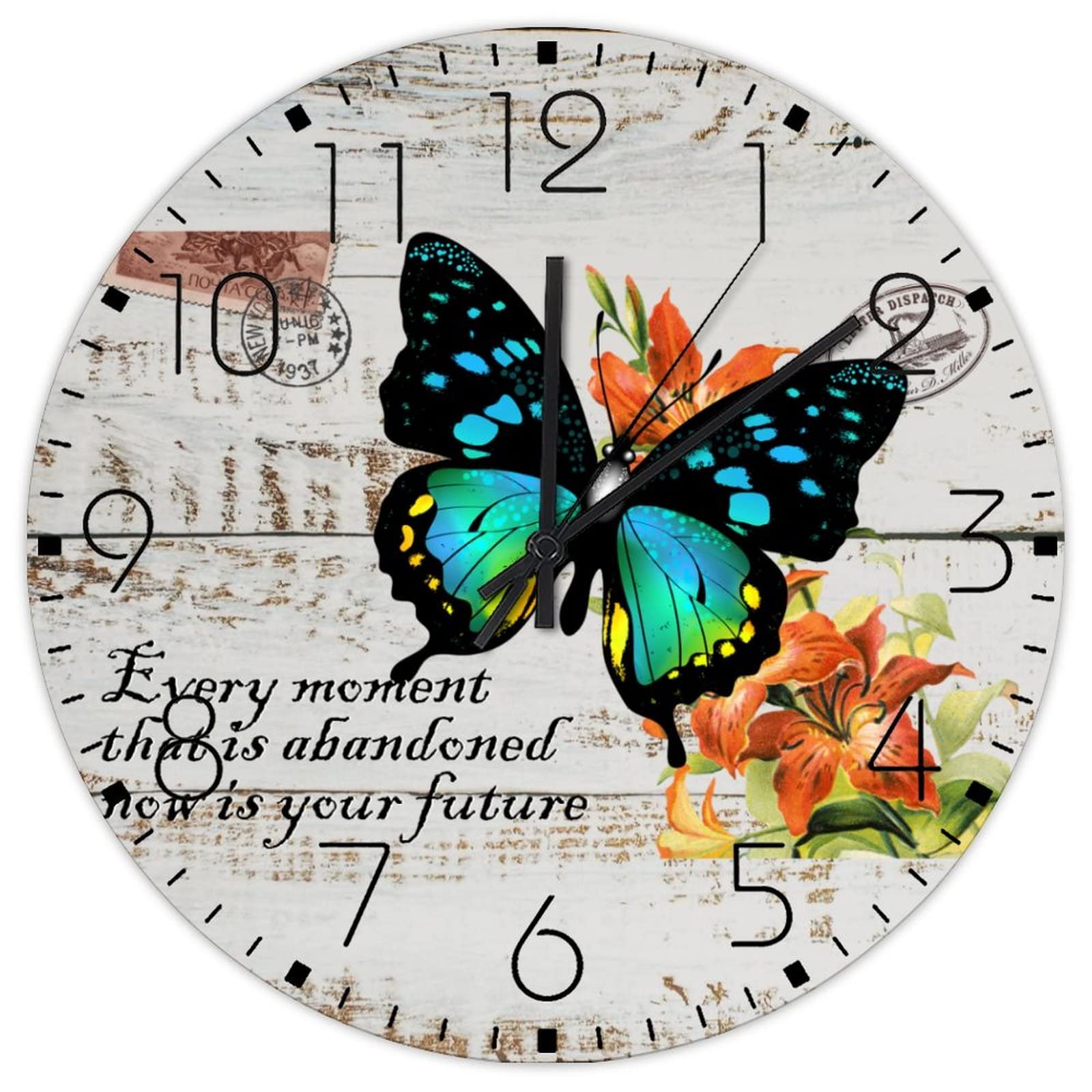 Horloge bois 38 cm motif papillon et texte inspirant pour le salon