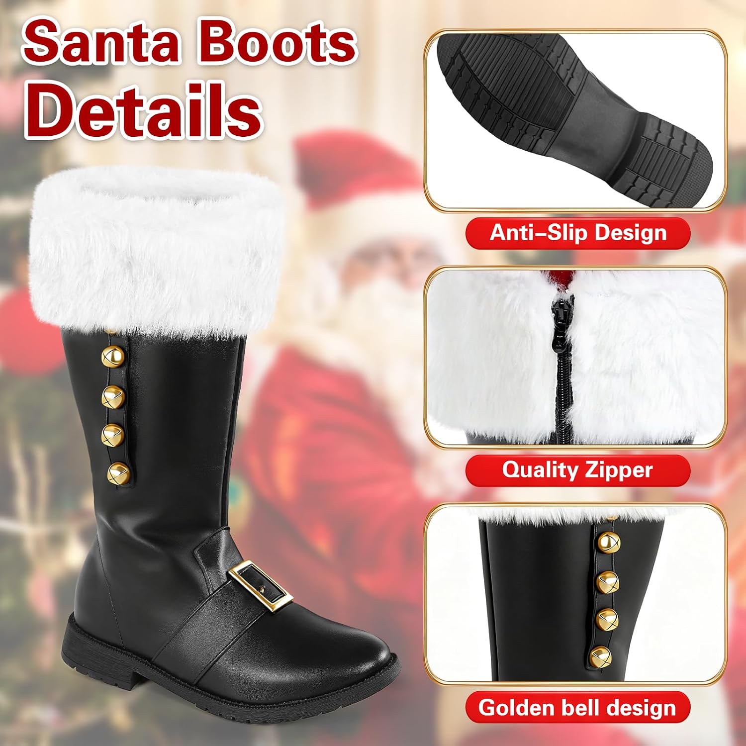 Santa Boots Men Christmas Shoes Adult Black Santa Claus Boots Costume Accessory Wide for Cosplay Xmas