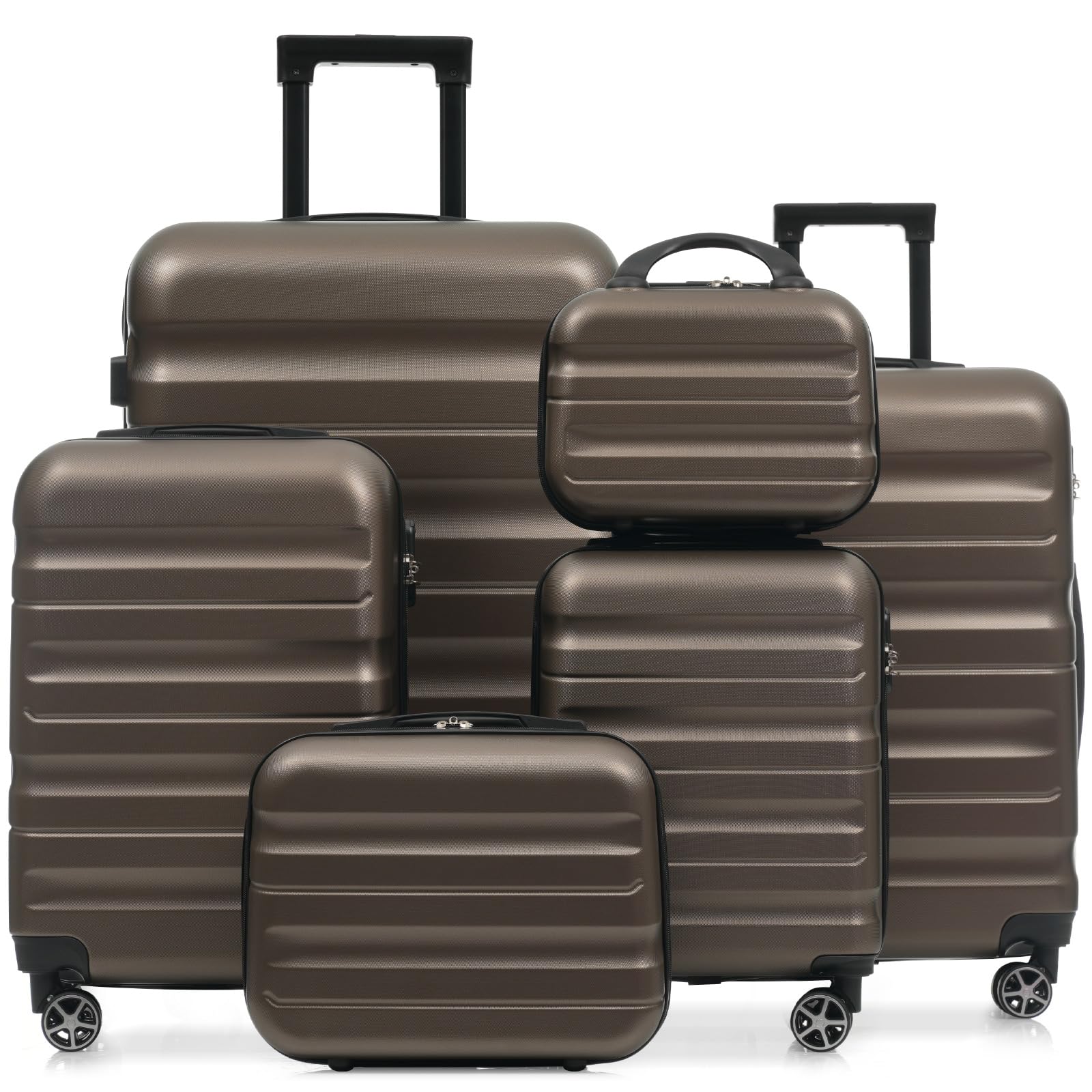 Merax Luggage Set 6 Piece, Hardshell ABS Suitcases with 8 Silent Spinner Wheels, Durable and Lightweight Travel Luggage for Family Trips, Brown