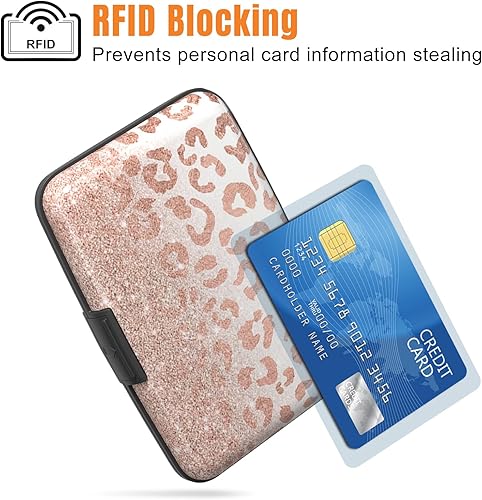 Vista 2 de Rimilak Portatarjetas de crédito de aluminio, mini cartera para tarjetas de crédito, bloqueo RFID, funda rígida de metal delgado para mujeres