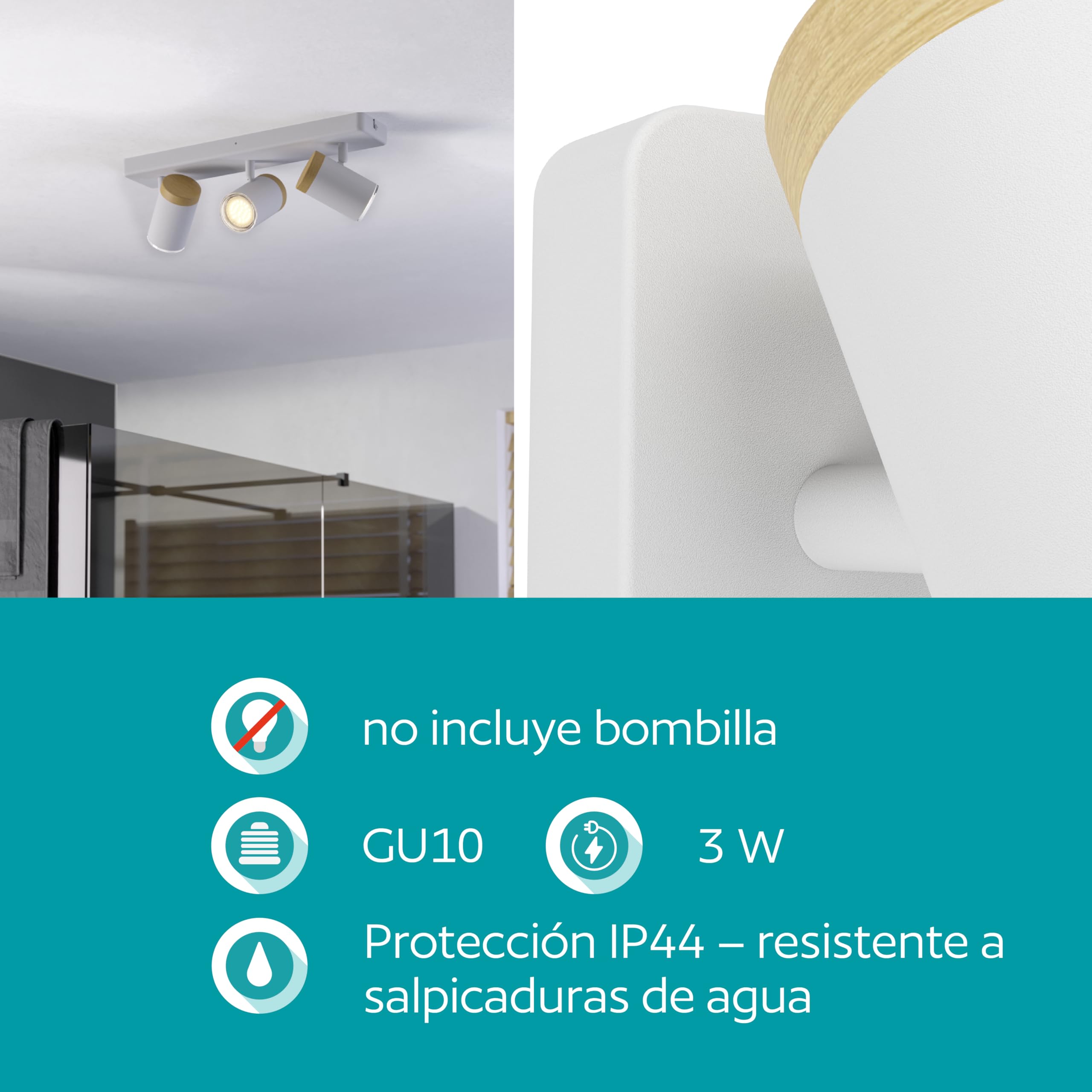 Eglo Consuma Lámpara de techo con 3 focos, para salón y baño, fabricada | en madera y acero de color blanco, con casquillo GU10 y protección contra salpicaduras IP44
