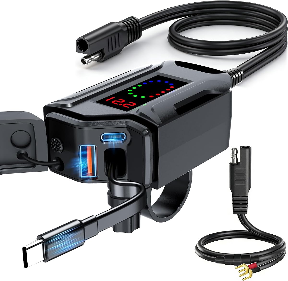Motorcycle USB Charger, 3-in-1 Fast Charging with USB-A & USB-C + Retractable Type-C Cable, 12–24V Waterproof IP56, LED Voltmeter, Handlebar & Mirror Mount for Motorbike ATV