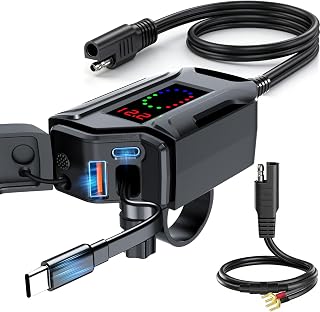 Motorcycle USB Charger, 3-in-1 Fast Charging with USB-A & USB-C + Retractable Type-C Cable, 12–24V Waterproof IP56, LED Voltmeter, Handlebar & Mirror Mount for Motorbike ATV