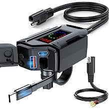 Motorcycle USB Charger, 3-in-1 Fast Charging with USB-A &amp; USB-C + Retractable Type-C Cable, 12&ndash;24V Waterproof IP56, LED Voltmeter, Handlebar &amp; Mirror Mount for Motorbike ATV