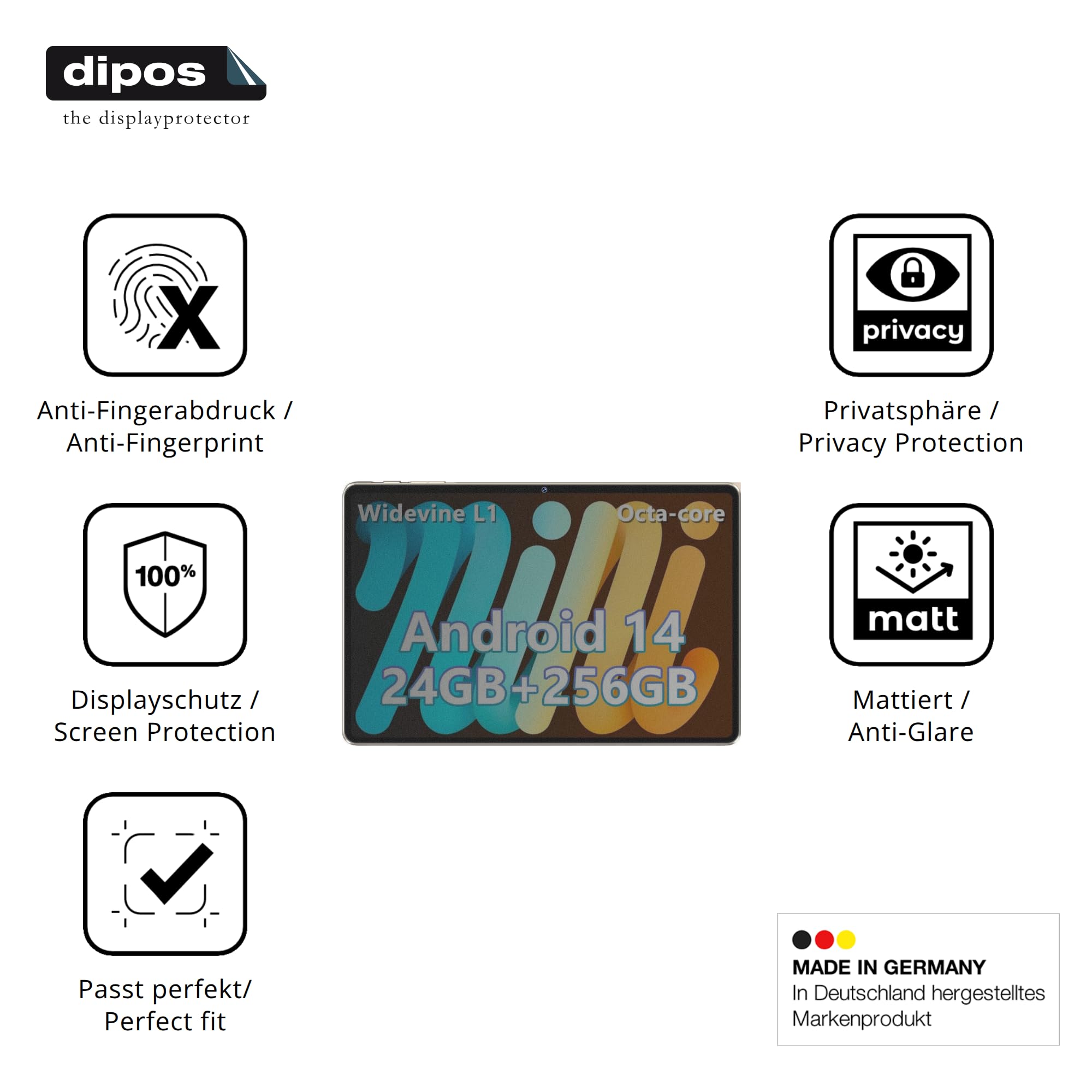 dipos Protector de Pantalla Antiespía para Dghrti Tab 50 11 Zoll | Película protectora mate, filtro de privacidad 4 vías, ajuste perfecto, antiarañazos, sin burbujas, autoadhesivo