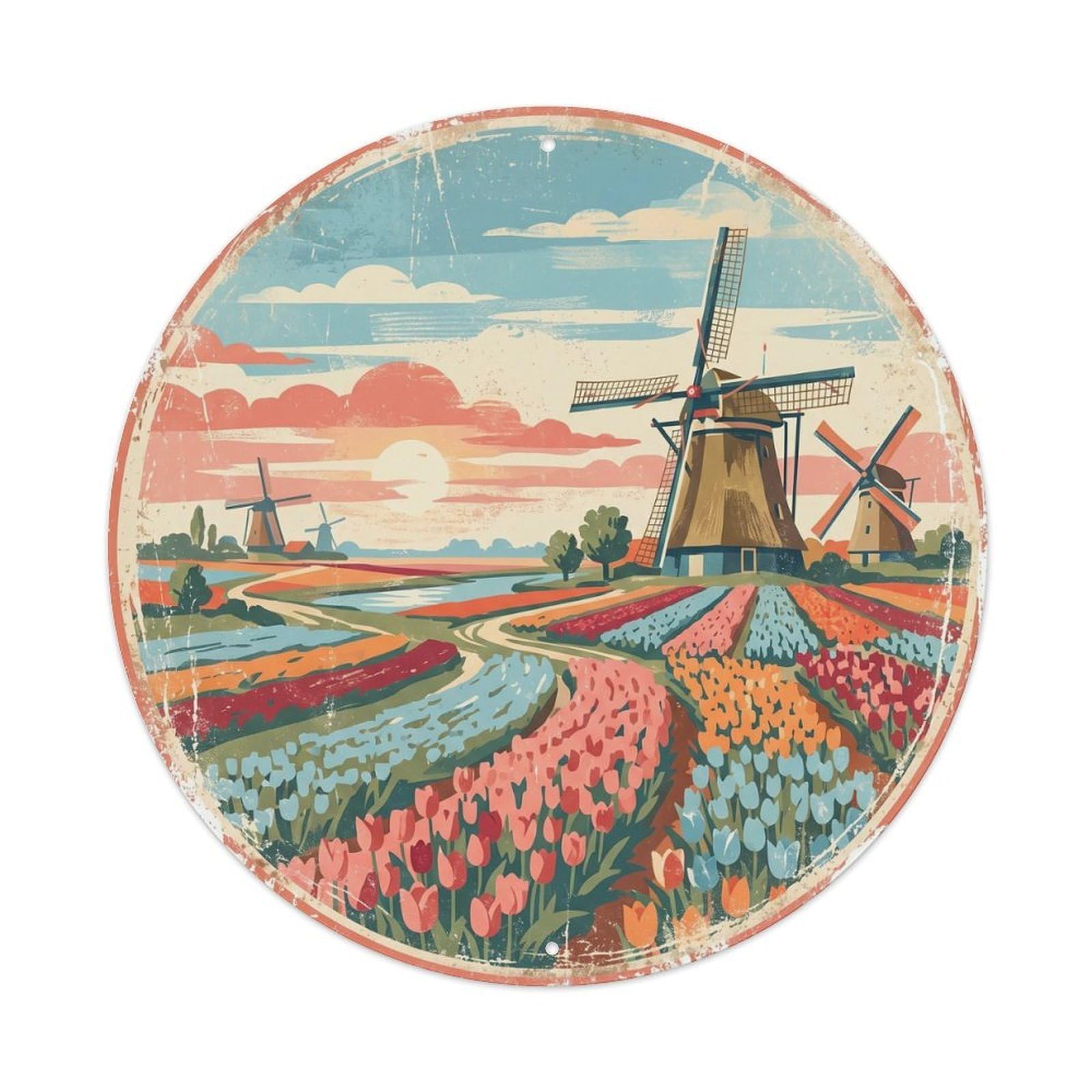 Vintage Travel Windmill Netherlands Countryside Metal Tin Sign Plaque Wall Decor for Cafe, Club, Garden Round Metal Poster 8x8Inch