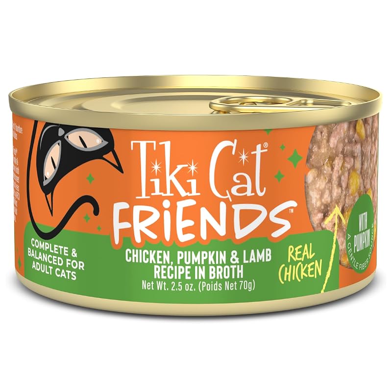 Ração úmida para gatos adultos Tiki Cat Friends com frango, abóbora e cordeiro, sem grãos, pacote com 12 latas de 70 g