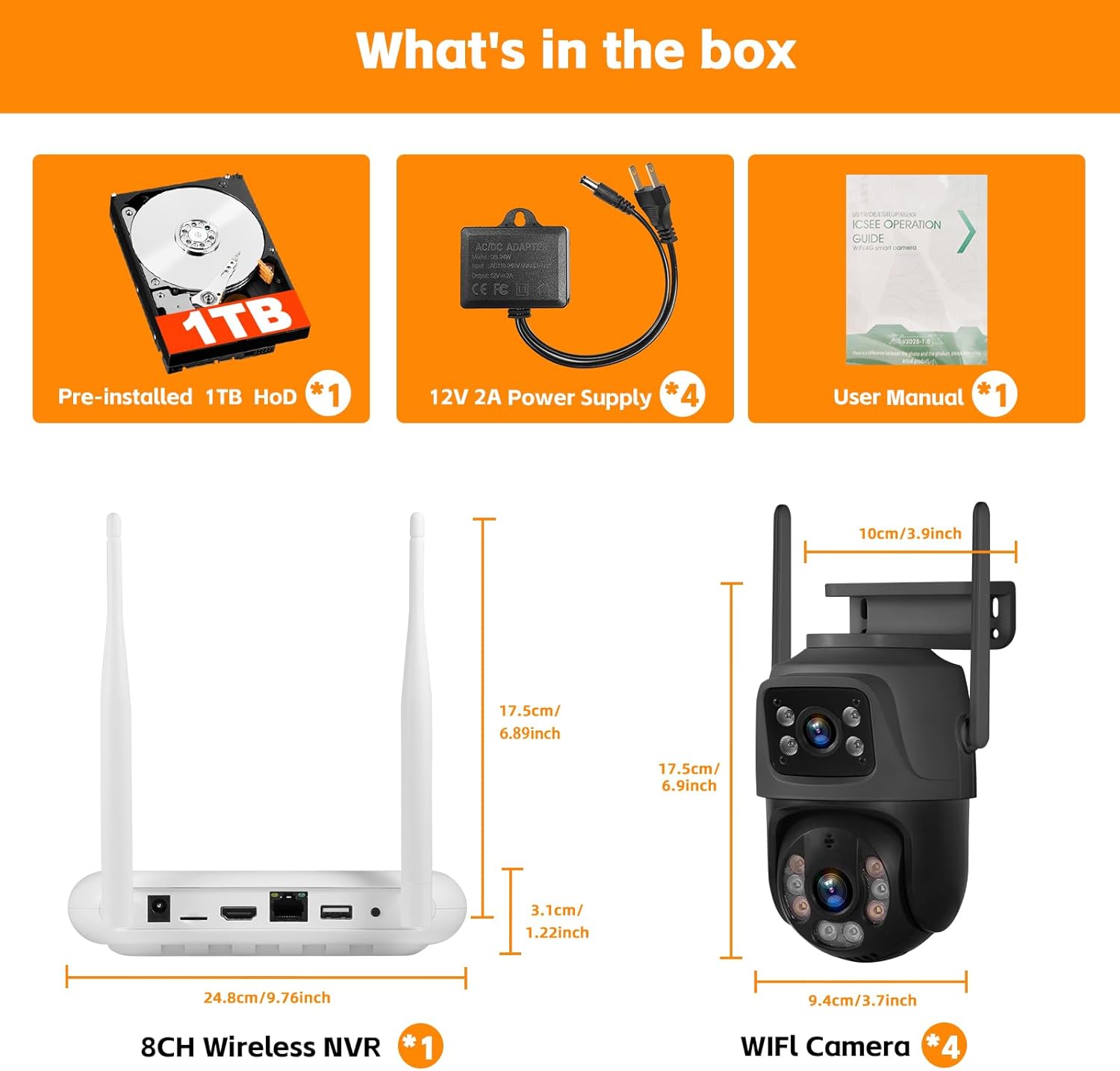 8 Channel NVR Security Camera System, Surveillance NVR Recorder with 4pcs 6MP Dual Lens Security Camera 24/7 Recording, 360° PTZ Color Night Vision, Motion Detection, 1TB Hard Drive