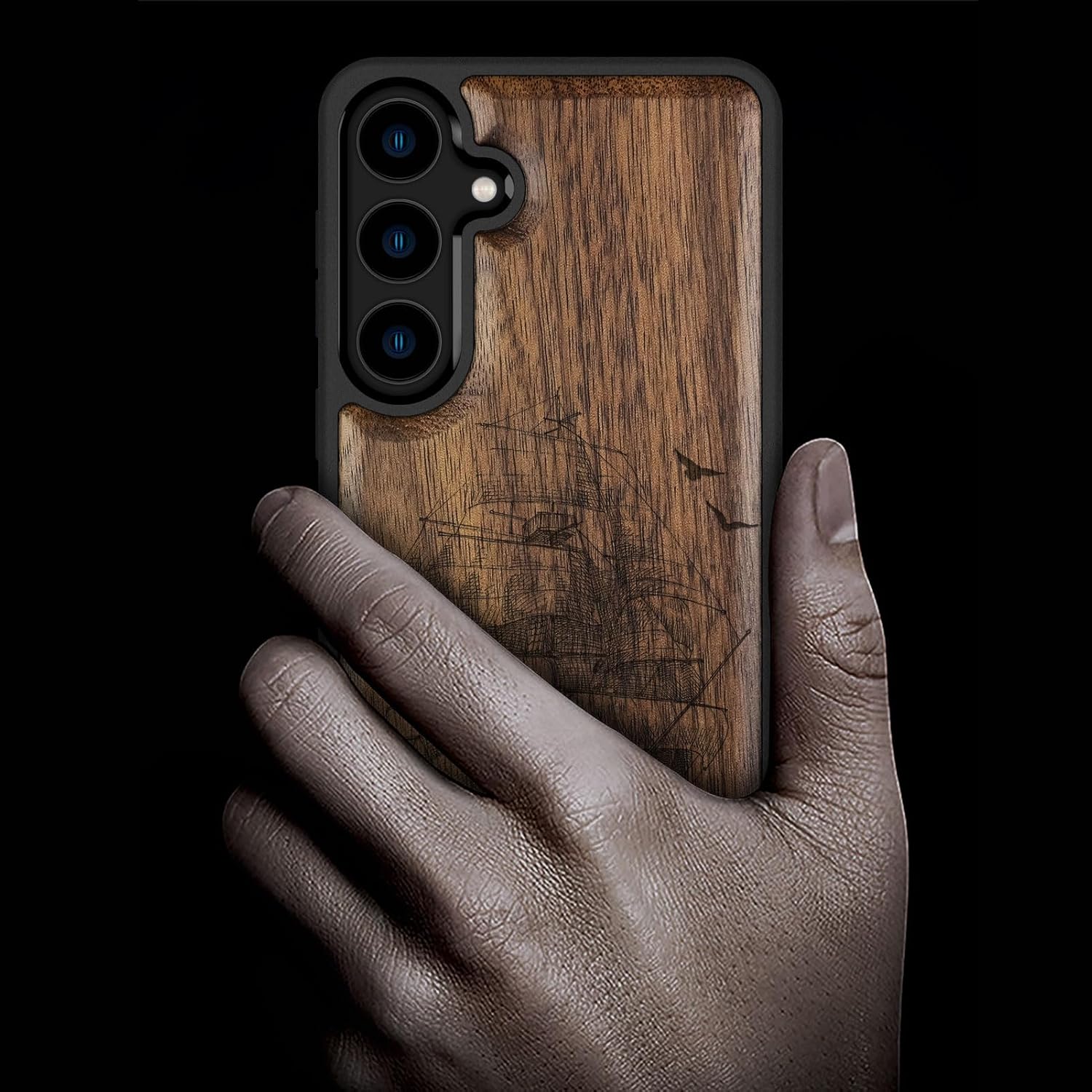 Carveit Wood Case for Galaxy S24 Plus Case [Natural Wood & Black Soft TPU] Shockproof Protective Cover Unique Wooden Design Compatible with S24 Plus (Sailboat on The Sea-Walnut)