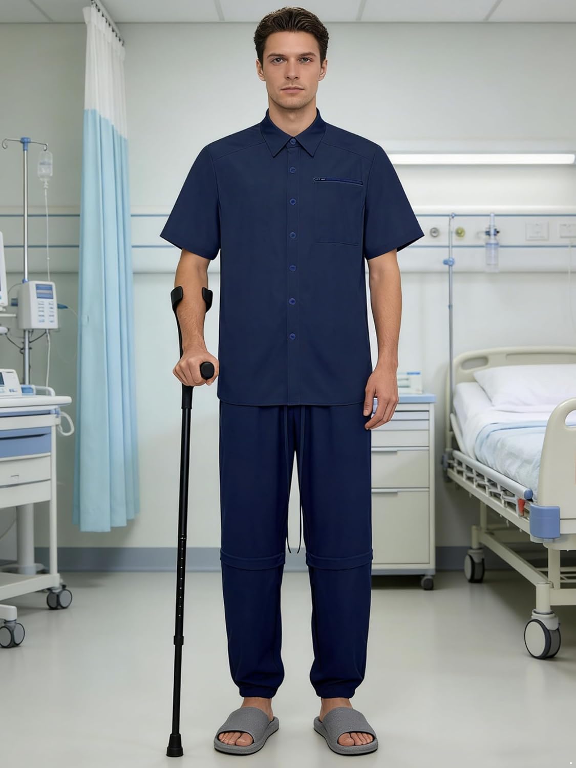 ACSUSS Mens Button Surgery Shirt Tear Away Trouser for Leg Nursing Patient Clothing Adaptive Hospital Gown Set