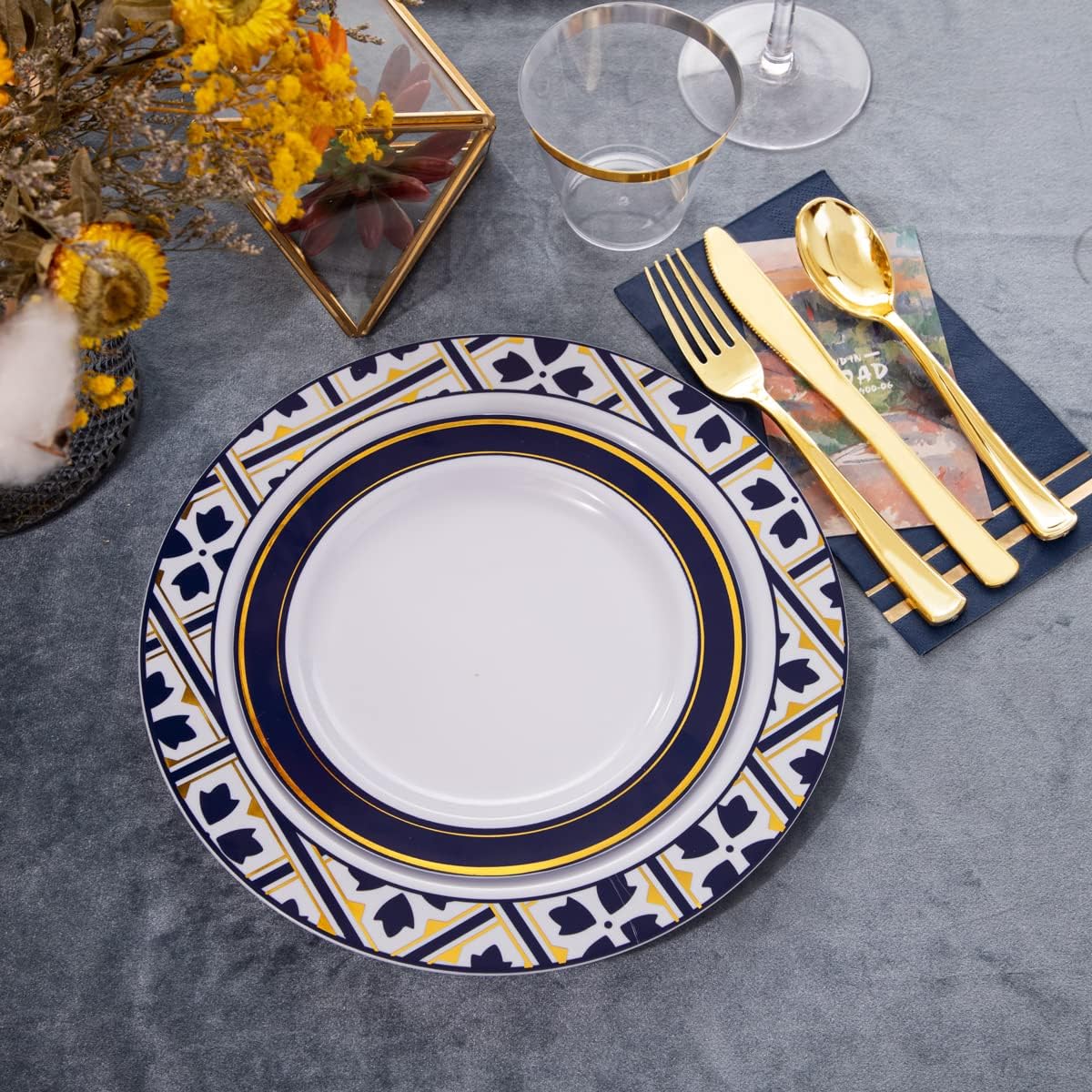 Nervure 175PCS Blue Plastic Plates - White Blue Gold Disposable Plates Include 25Dinner Plate, 25Dessert Plate, 25Cups, 25Forks, 25Knives, 25Spoons, 25Napkins for Wedding & Party - Image 4