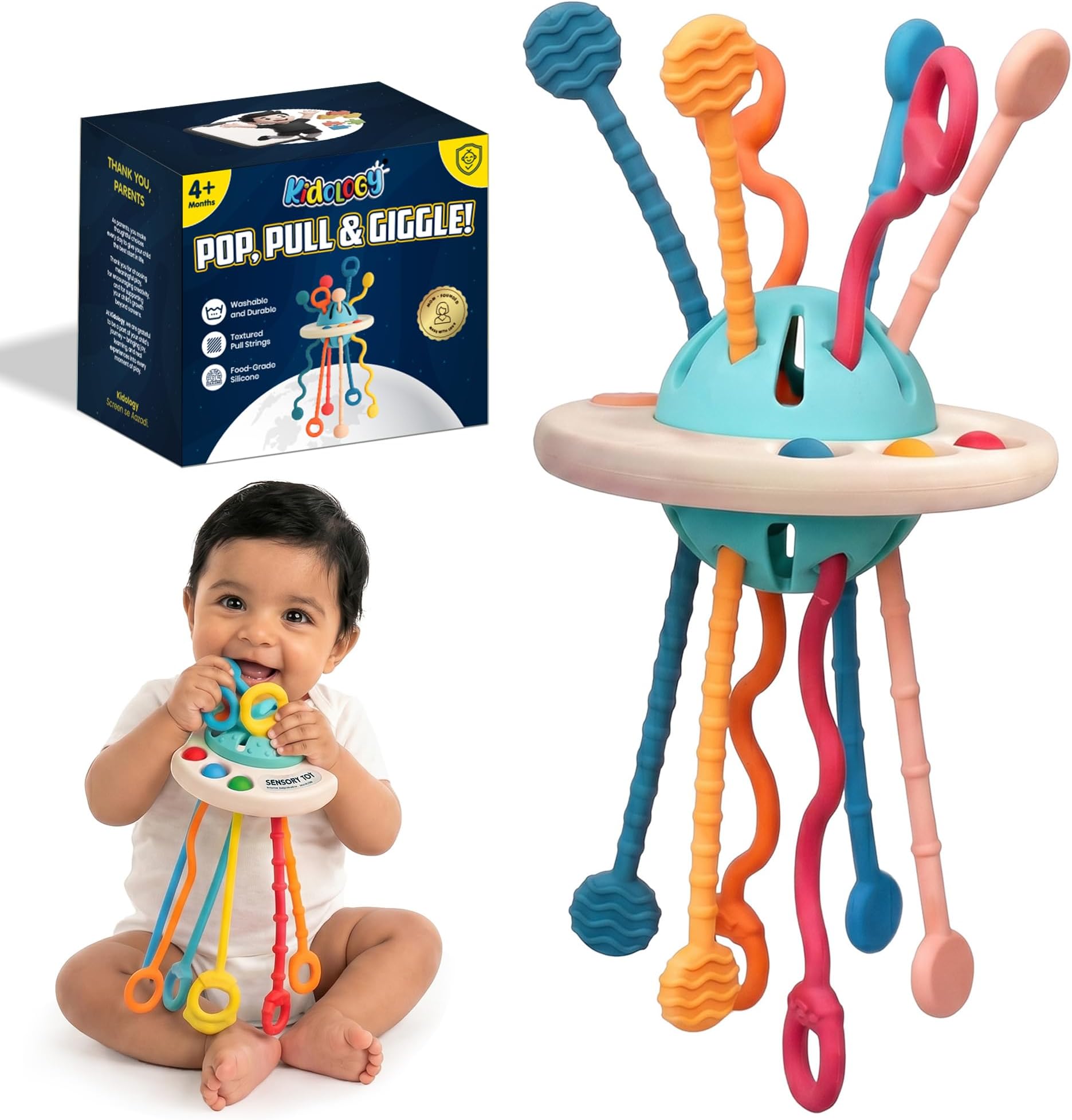 Kidology Pull String Sensory Toy for Toddlers | Teething Toy for Babies 6+ Months | Montessori Fine Motor Skills | Food Grade Silicone | UFO Shape | Gift for Baby Boy Girl Toddler (UFO), Multicolor
