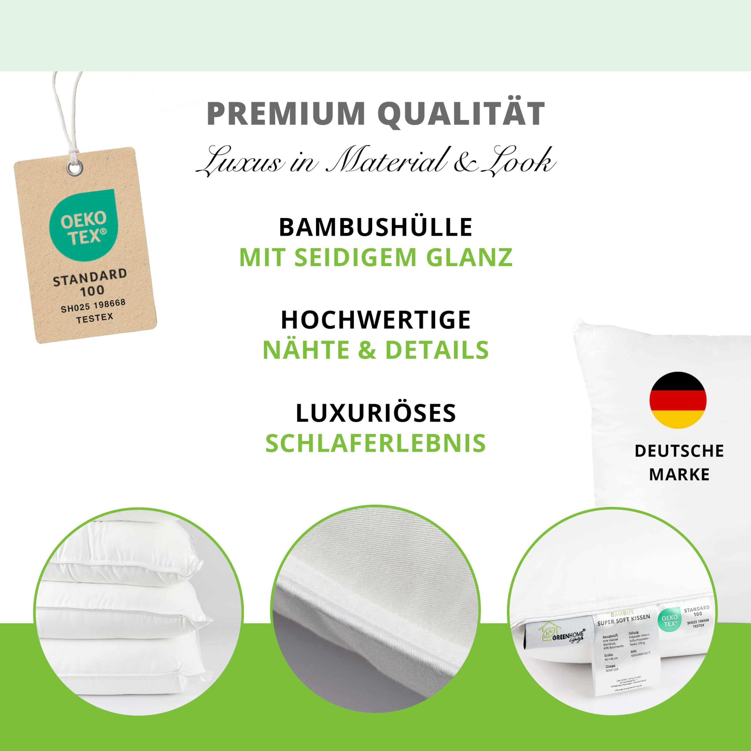 Greenhome Lifestyle Kopfkissen 40x80 cm I Bambus Kissen mit Oeko-TEX Bezug  aus Bambus & Baumwolle I weich gefllt, waschbar, hautfreundlich &  allergikergeeignet I nachhaltig & plastikfrei verpackt : Amazon.de: Kche,  Haushalt &