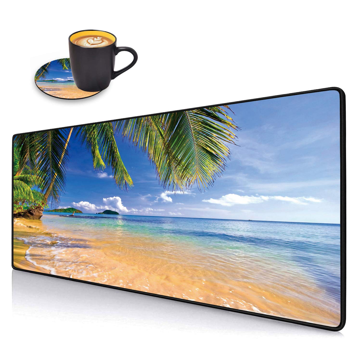 Desk Pad Mat Gaming Mouse Pads with Coasters Set, Stitched Edges Design Mouse Pad XXL Large Mouse Pad for Laptop Computers Shore Palms Tropical Beach