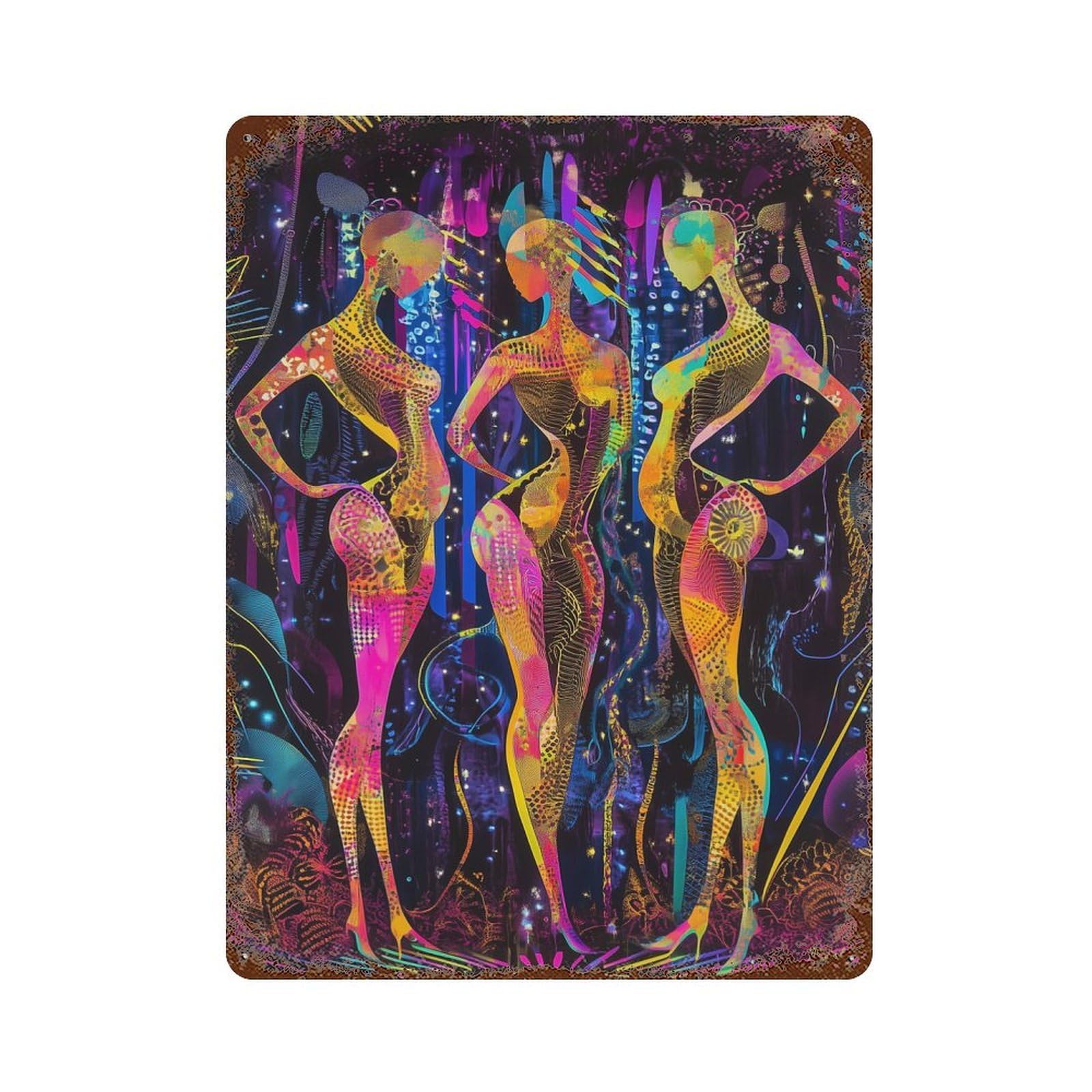 Rust Effect Neon Radiance – The Three Muses in A Futuristic Glow Vintage Rust Metal Sign 15.7"x11.8", Classic Wall Plaque for Shed, Workshop And Garage Wall Decor