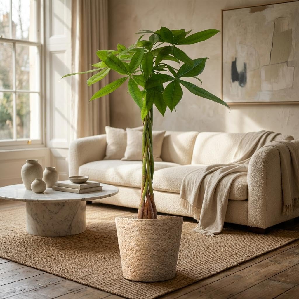 Pachira Aquatica con Maceta de Algas, Decoración, Natural, 80cm, Ø21