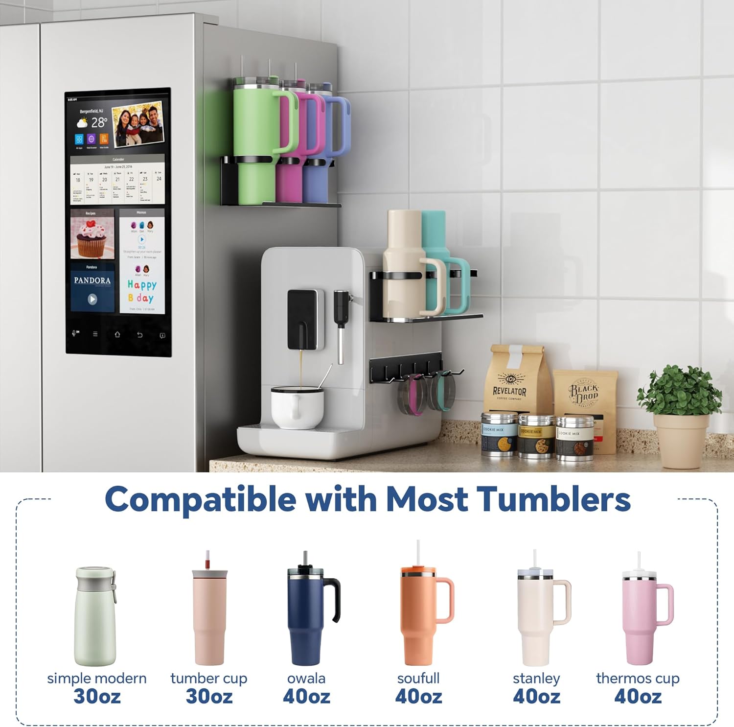 Strong Magnetic Cup Holder for Stanley 20/30/40 oz, Tumbler Organizer with Lid Rack for Fridge, up to 10 lbs, Kitchen Cabinet Storage for Stanley, Mug Cup Accessories