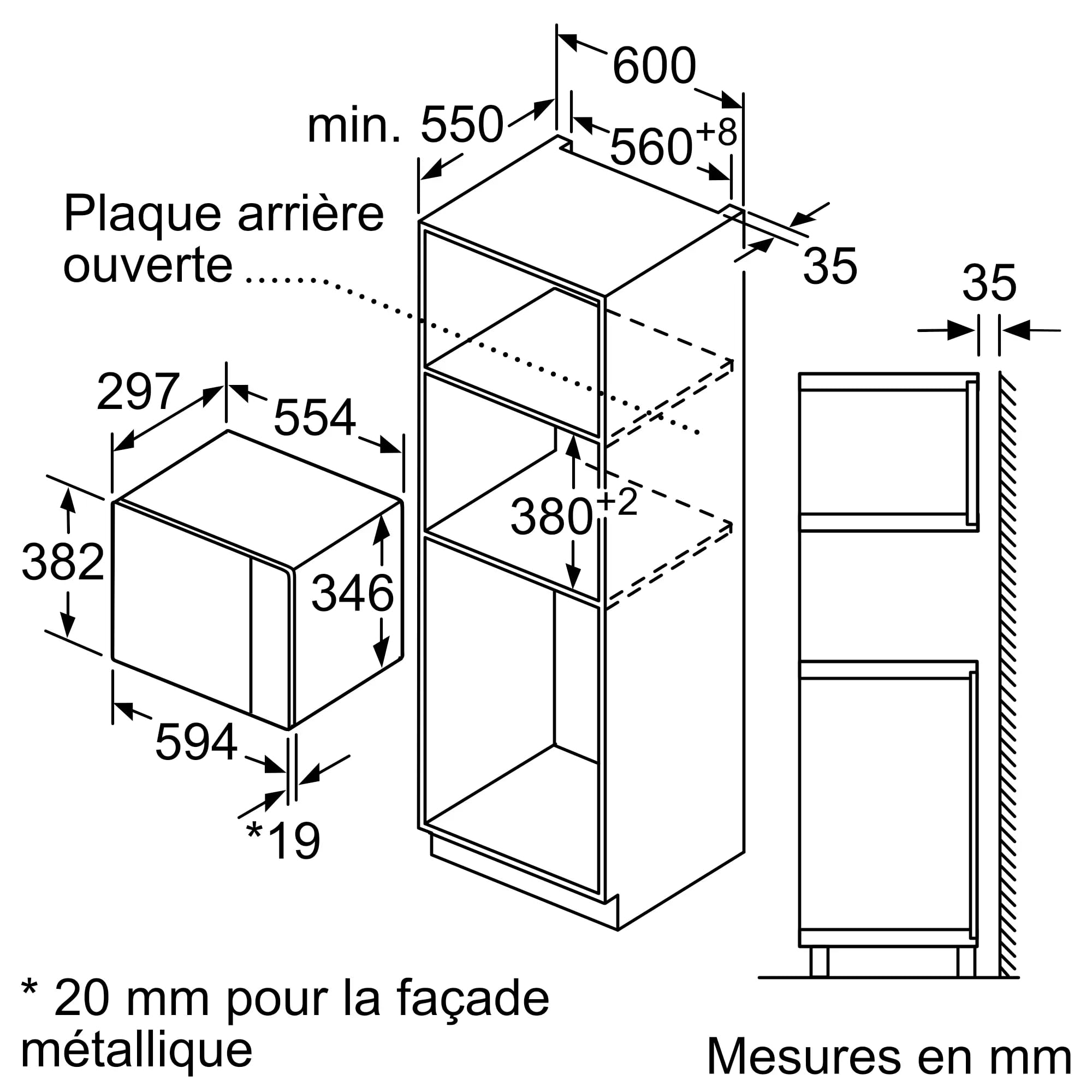 Bosch BFL523MS0, Série 4, Micro-ondes encastrable, 38. 2 x 59.4 x 31.7 cm, 20 litres, Inox