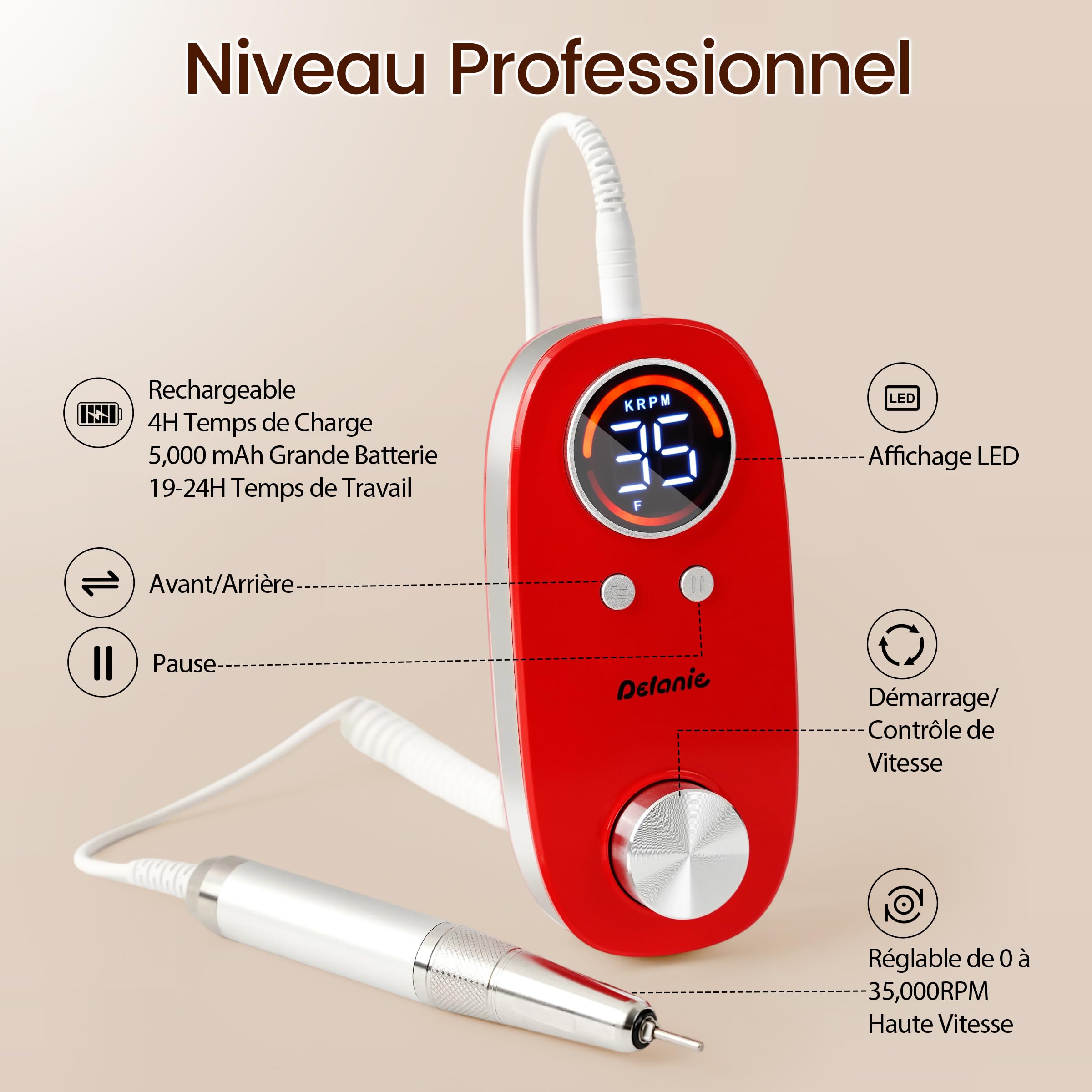 Delanie Ponceuse pour Ongles Moteur Sans Noyau Professionnel 35000RPM, Sans Fil Rechargeable 5000mAh avec Pause Bonton pour Manucure Pédicure, Incl. 7 Embouts & 36 Bandes Abrasives, Rouge