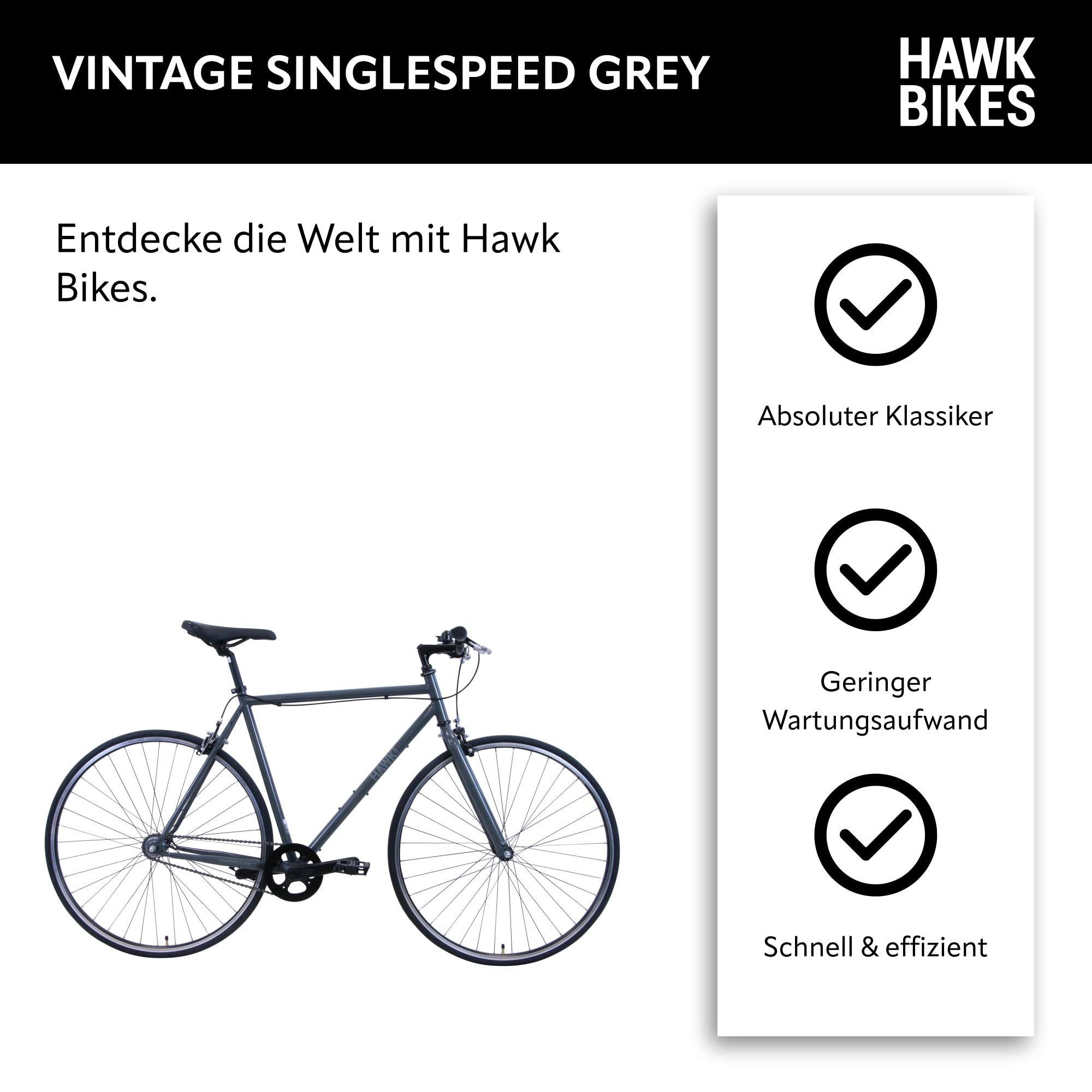 HAWK Vintage Singlespeed Fahrrad 28 Zoll Herren & Damen (55 cm) I Sportliches Fixie mit klassischem Stahlrahmen I Rennrad mit Felgenbremse I Grey