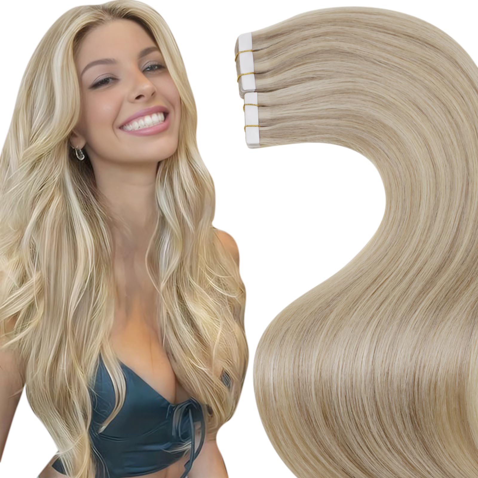 LaaVoo Tape Hair Extensions Blonde Tape in Hair Extensions Human Hair 18 Inch Invisible Tapes Remy Straight Highlight Golden Blonde Real Hair Double Sided Tabs 20pcs 50g #16/22