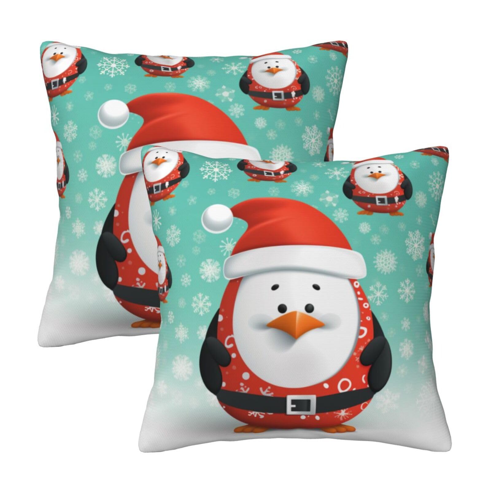 Christmas Santa Penguin Throw Pillow Cases 2 Pack Square Pillowcases Soft Pillow Protectors for Couch Livingroom Sofa Bed Office Car,30x30 CM