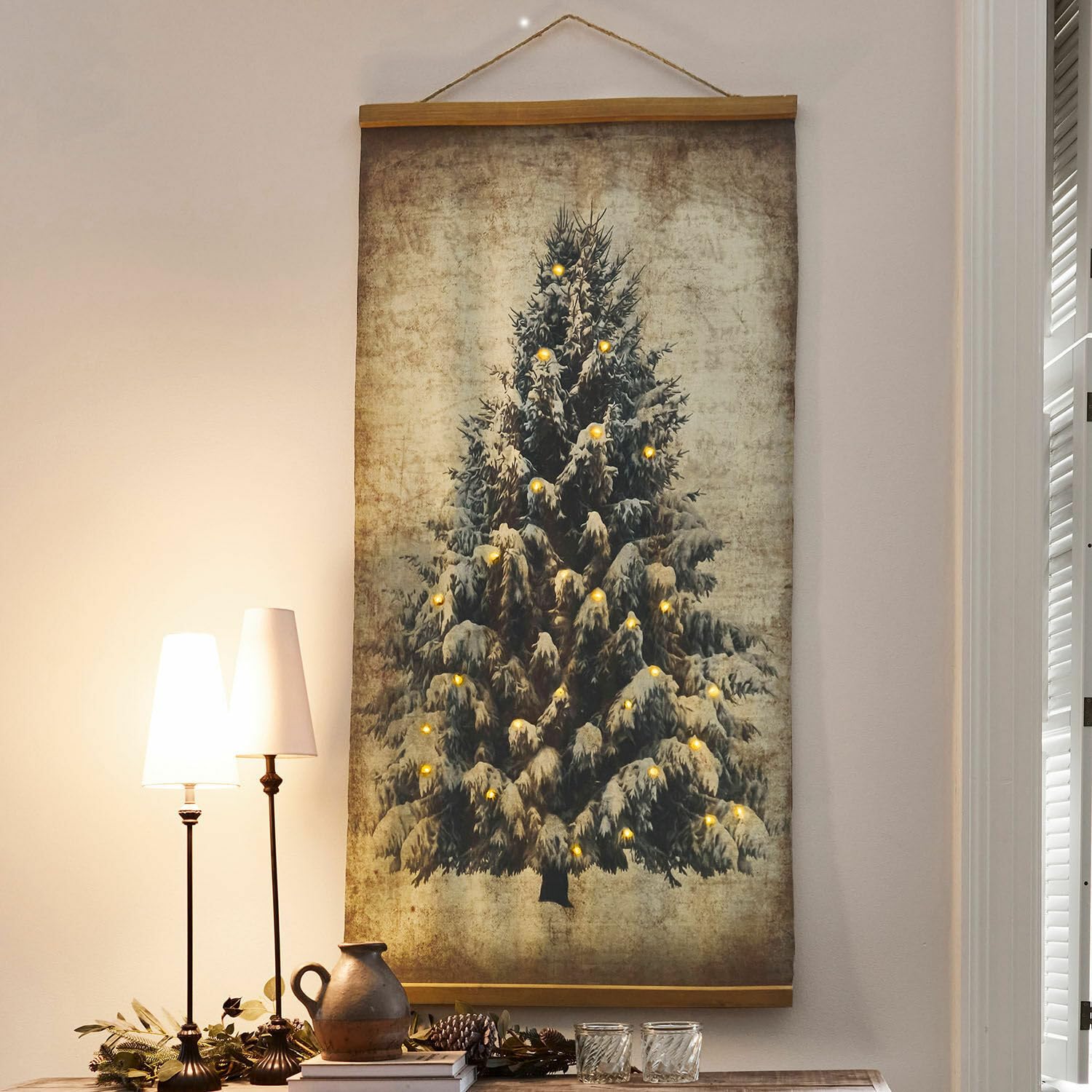 Loberon Gussers Stampa con luci a LED - con Elegante Finitura Anticata - Illuminazione con 44 Lucine a LED, Beige/Marrone