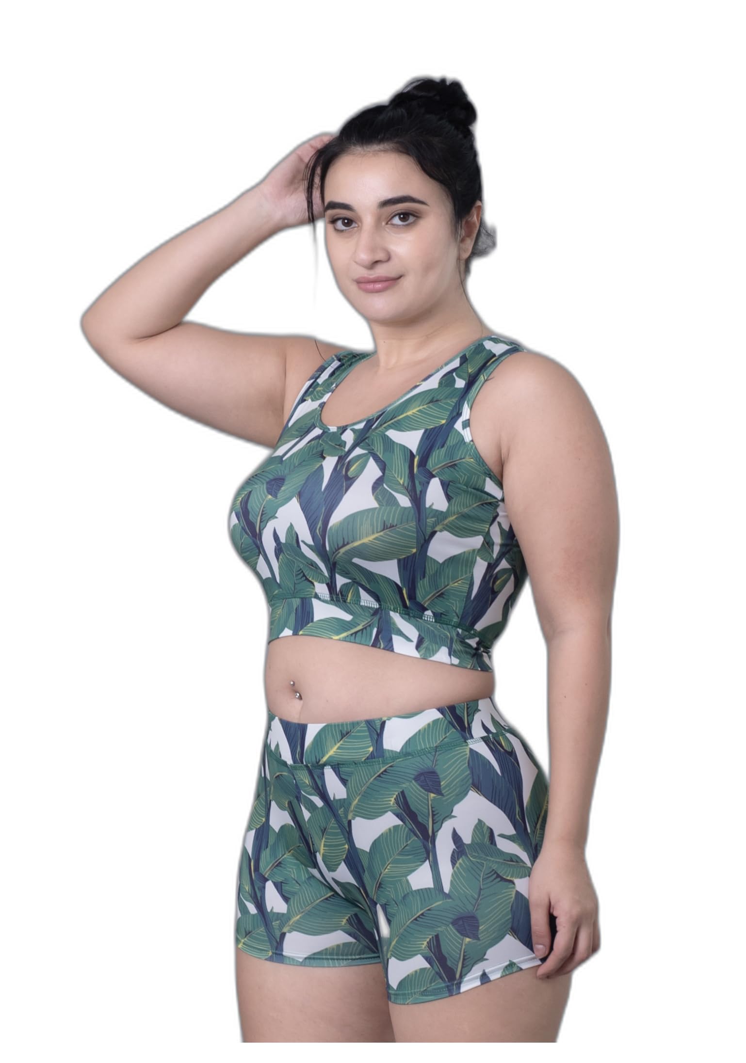 Green Round Neck Sleeveless`Tropical Printed Plus Size Swim Set for Women & Girls |Swimming Suit for Women