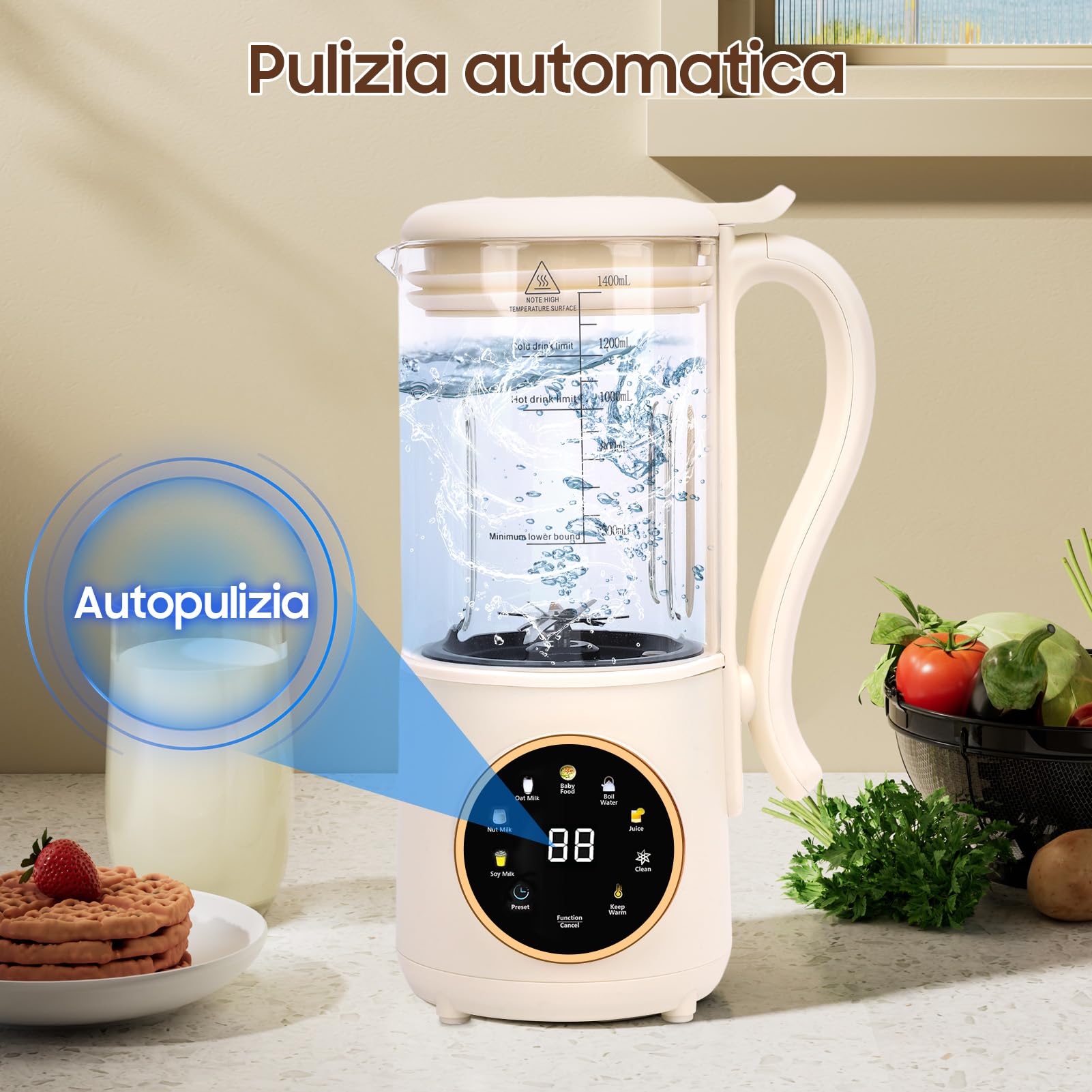 Macchina per Latte di Soia, 1400ml Automatico Multifunzionale Macchina per Latte di Noci con LED Display, Macchina per Latte Vegetale Fatto in Casa, Soia, Mandorle, Avena Bevande