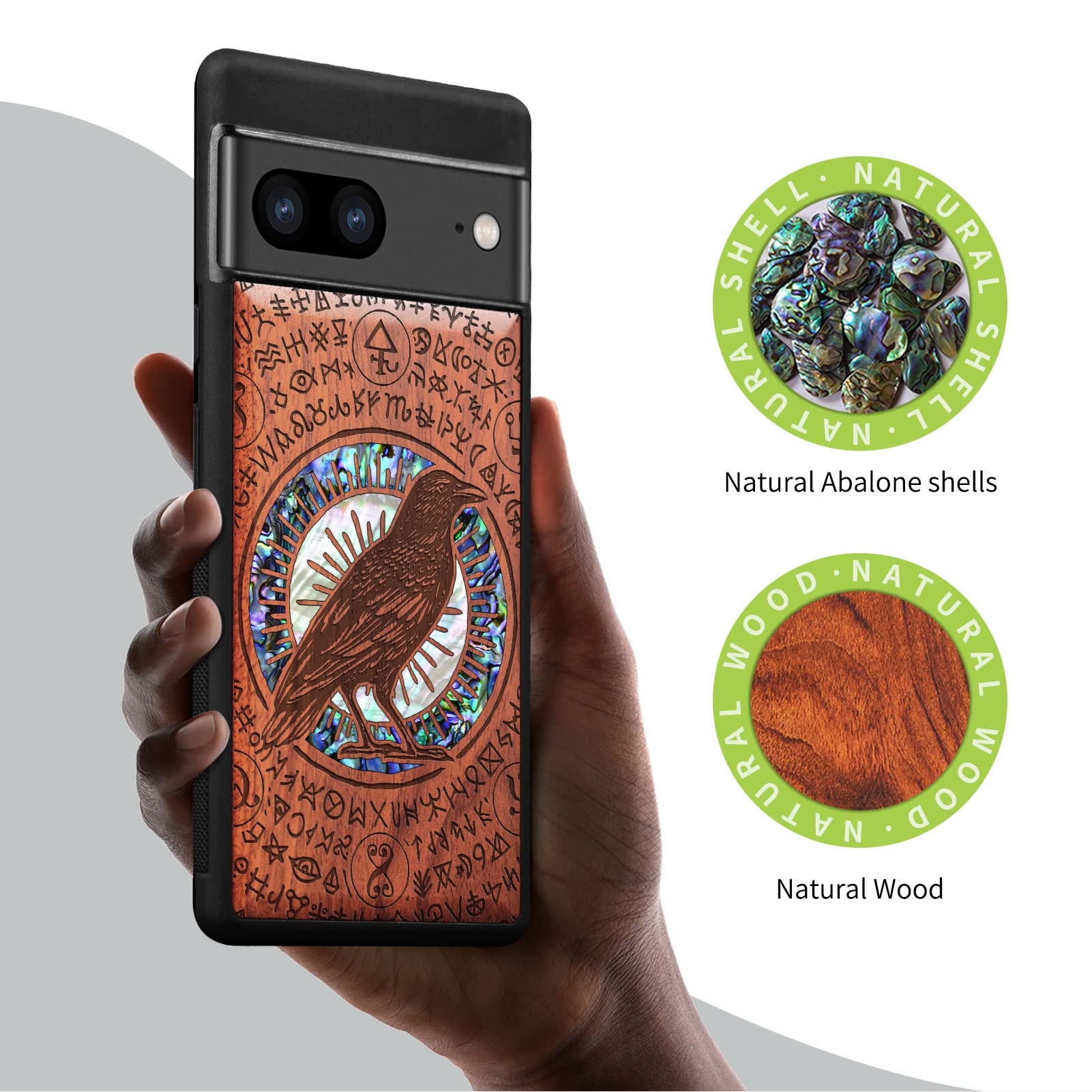Carveit Custodia In Legno Per Google Pixel 7 Con Simboli Vichinghi - Cover Antiurto TPU E Legno Noce - Protezione Robusta E Stile Unico - 4