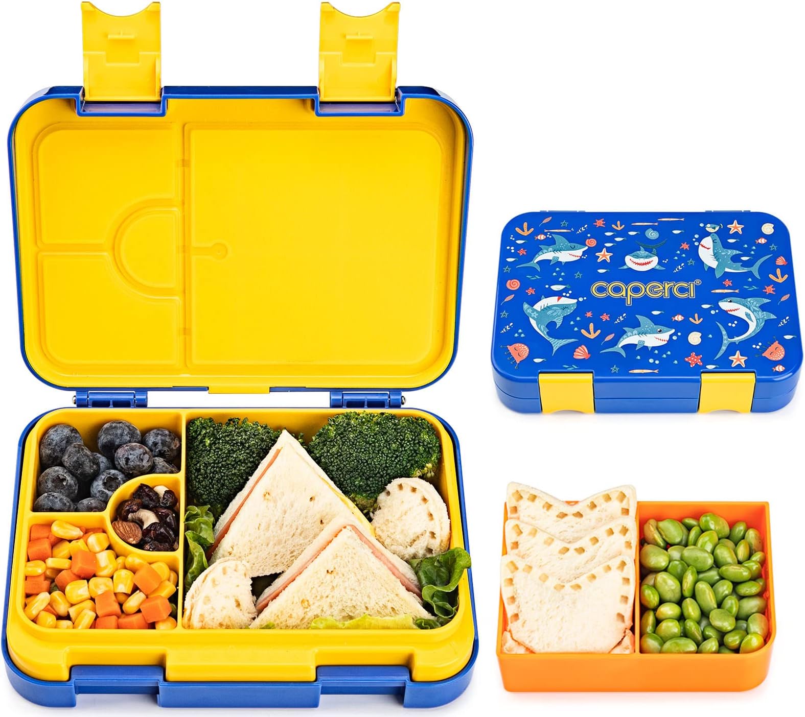CaperciShark Kids Bento Lunch Box - Leakproof 6-Compartment Children’s Lunch Container with Removable Compartment - Ideal Portions for Ages 3 to 7, BPA-Free Materials
