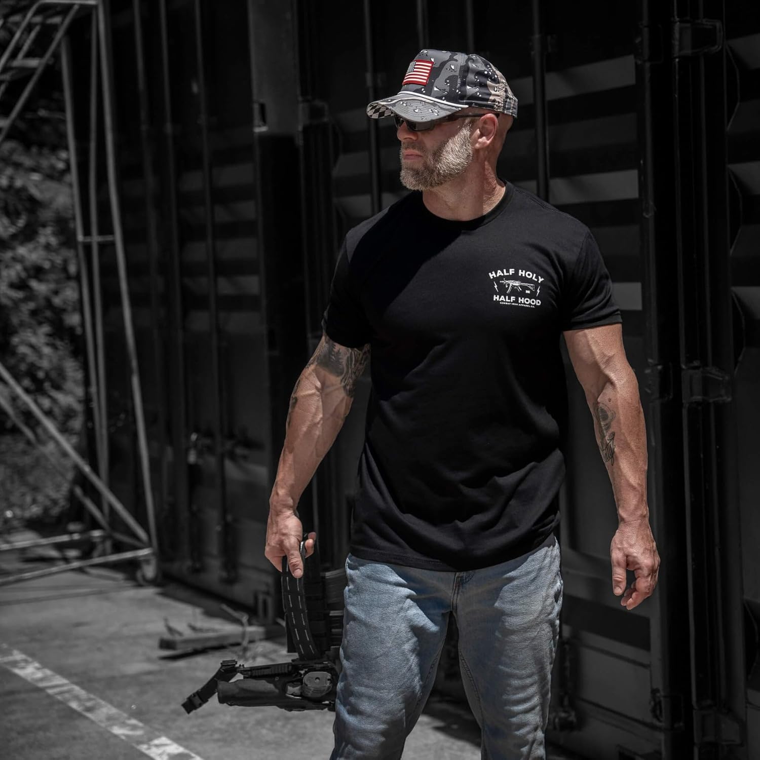 Combat Iron Men's Graphic T-Shirt | Half Holy Half Hood | Athletic Fit, Tagless Comfort