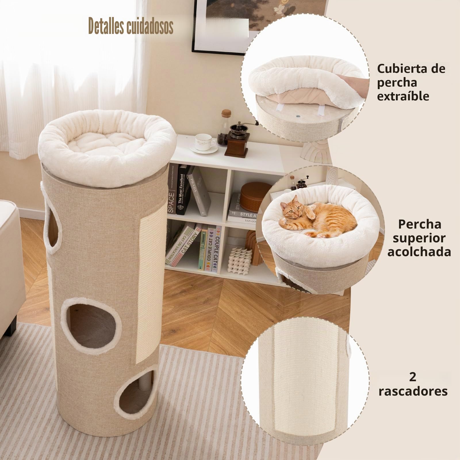 SOARS Barril rascador para gatos XXL, 113 cm, con 3 cuevas y cama de peluche extraíble, árbol rascador, torre para gatos, diámetro de 39 cm (beige)