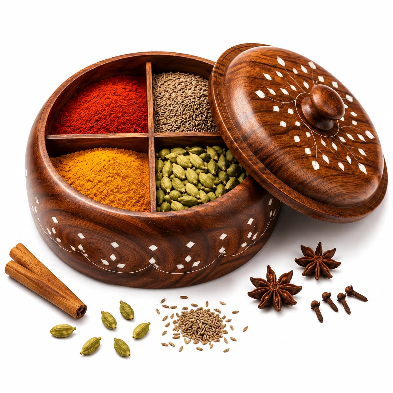 Equinox Edge Premium Handcrafted Sheesham Wooden Storage Box for Spices, Dry Fruits, Chocolates, Candies, Round shaped with Inlay Design.-image-40