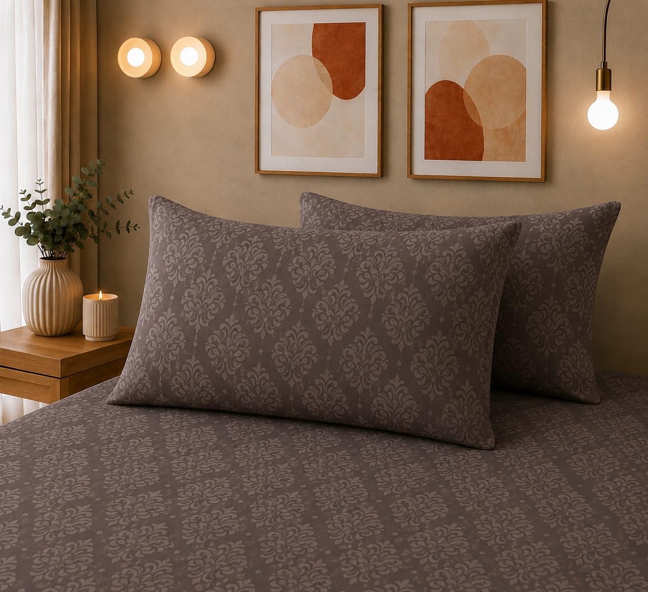 THE HOME STYLE Super Soft Glace Cotton King Size Printed Pillow Covers ll Pillow Cases ll Set of 2 Piece- 18"x 28" Inches (Mocha Barocca)