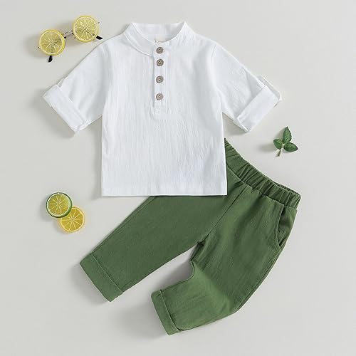 Miniatura 2 de Karuedoo Prendas de vestir para bebé niño de algodón y lino, camisas Henley con botones de manga larga, pantalones casuales conjunto